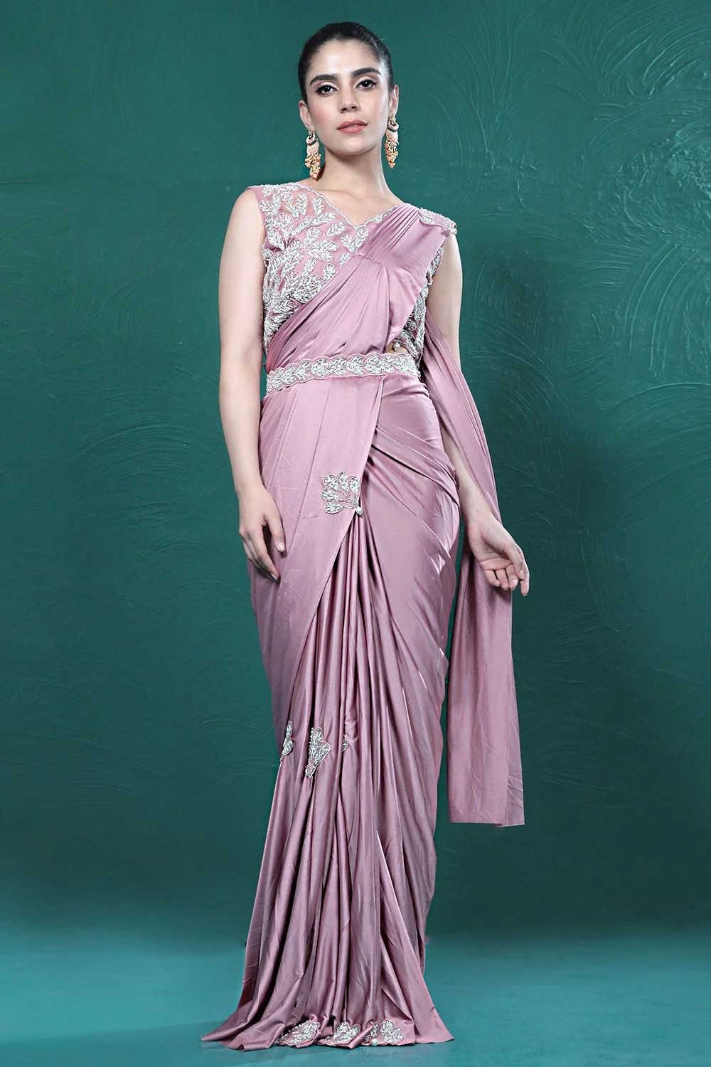 Light Pink Embellished Spandex Saree - Image 2