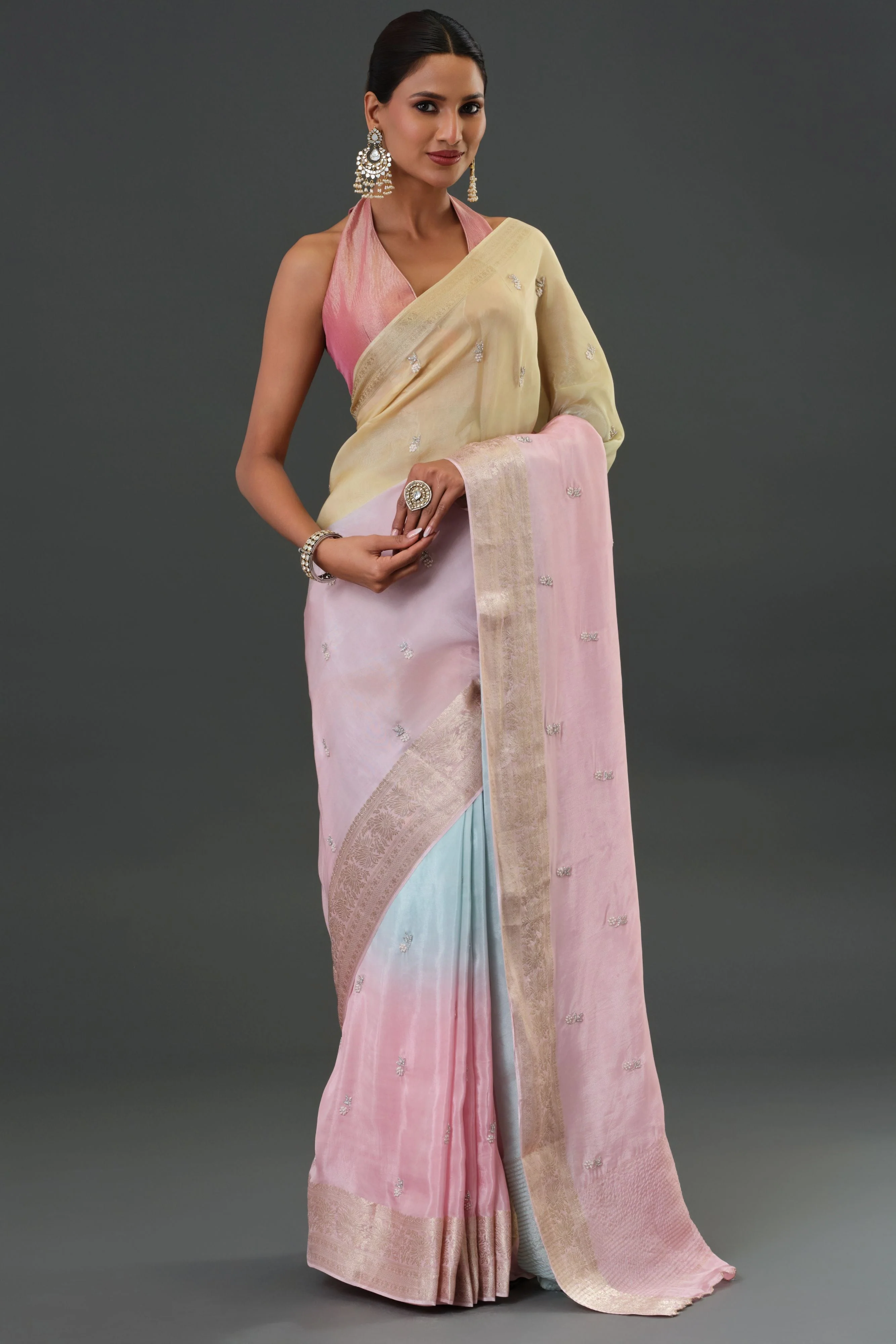 Light Pink Embroidered Organza Silk Saree - Image 3