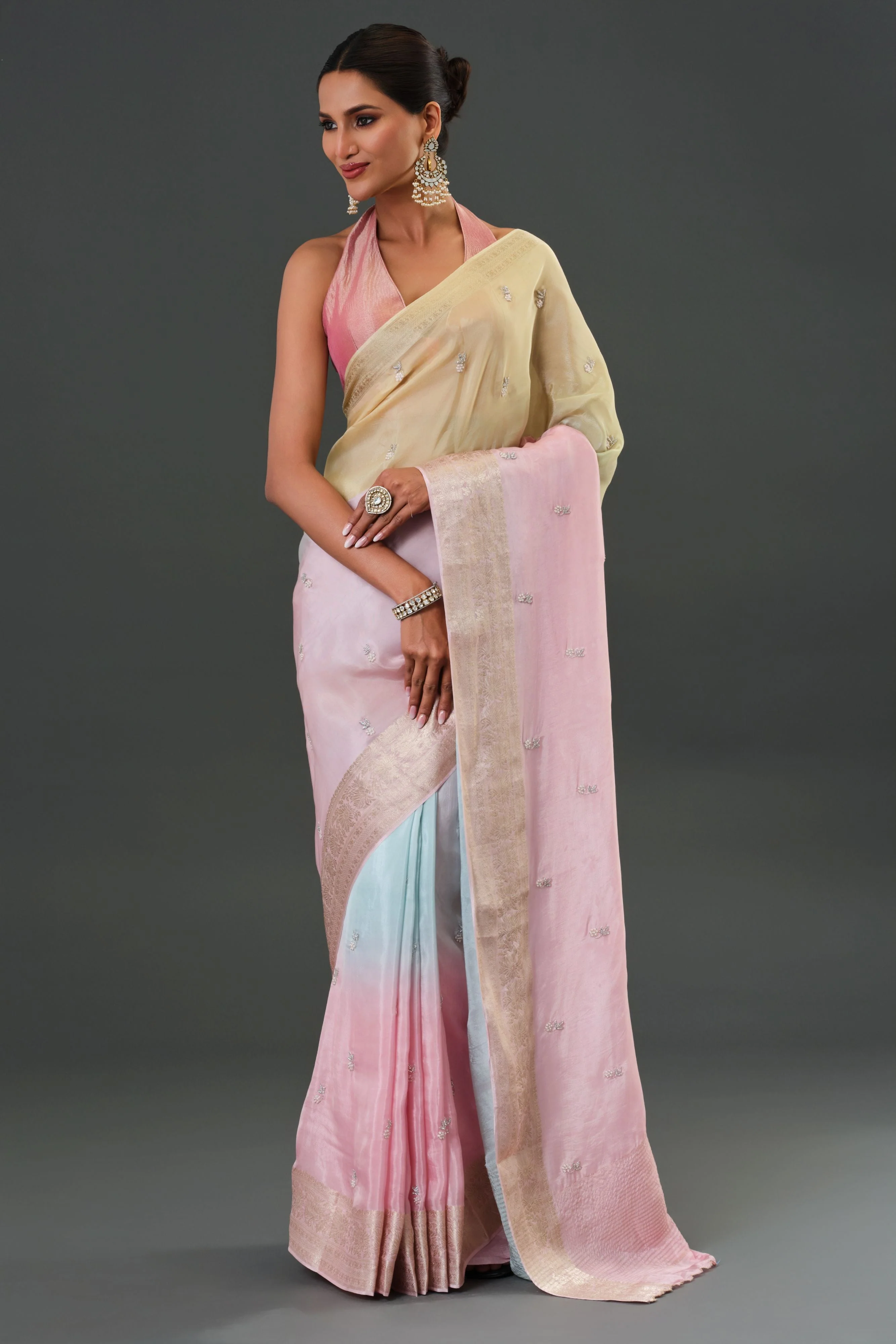 Light Pink Embroidered Organza Silk Saree - Image 4