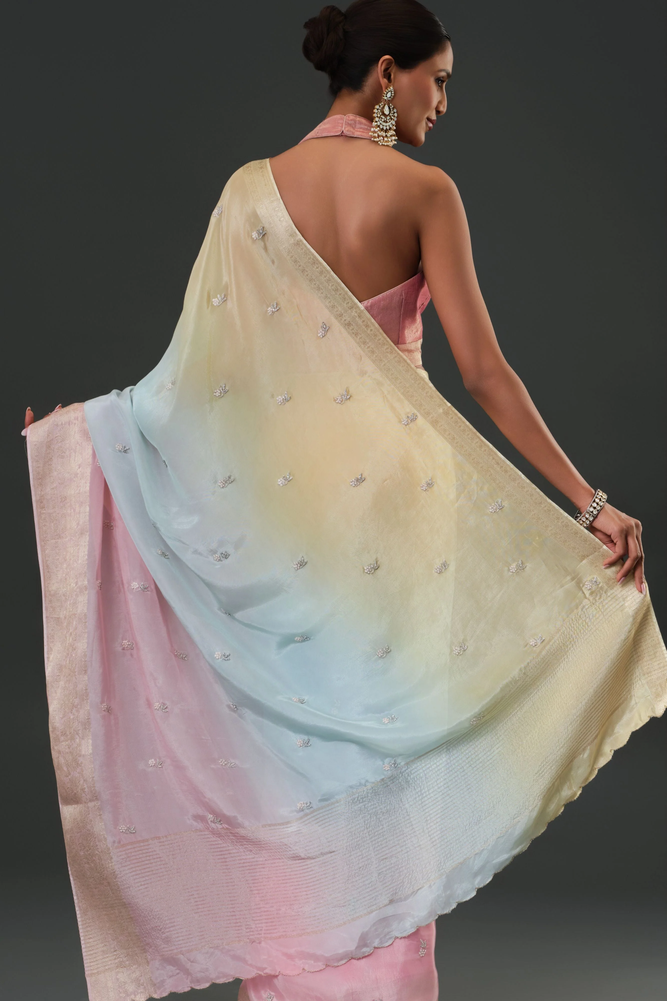 Light Pink Embroidered Organza Silk Saree - Image 5