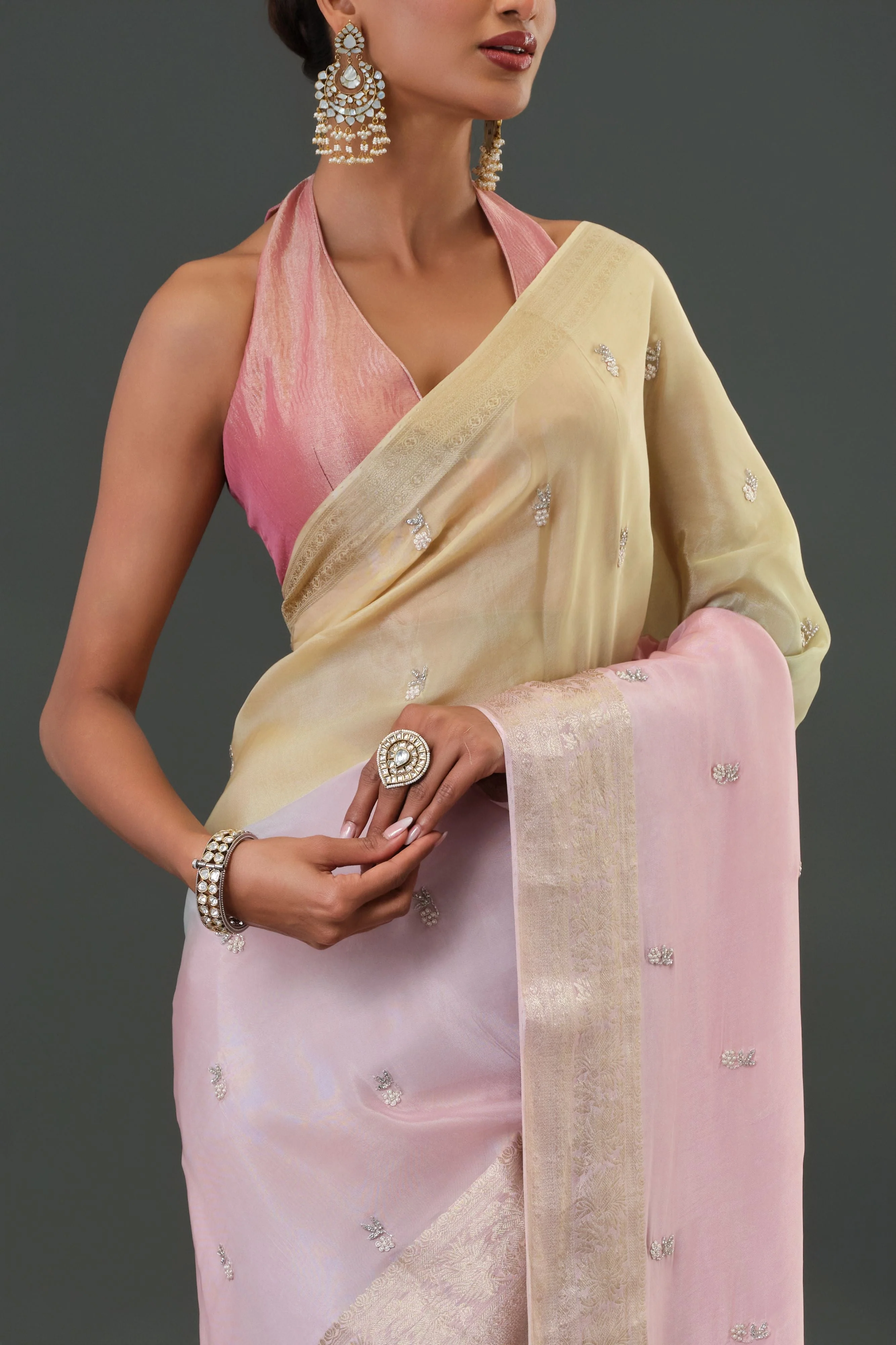 Light Pink Embroidered Organza Silk Saree - Image 6
