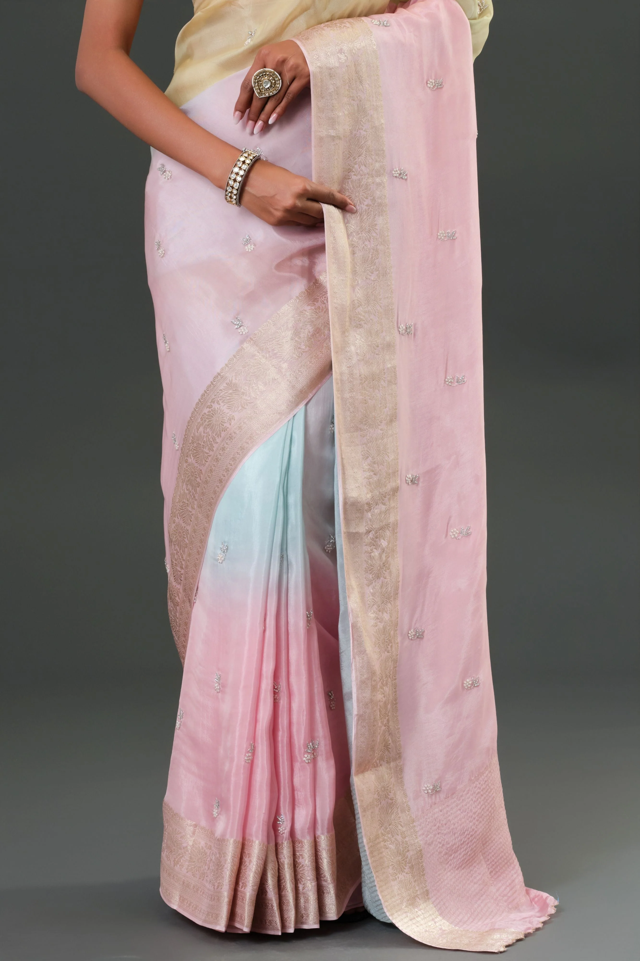 Light Pink Embroidered Organza Silk Saree - Image 7