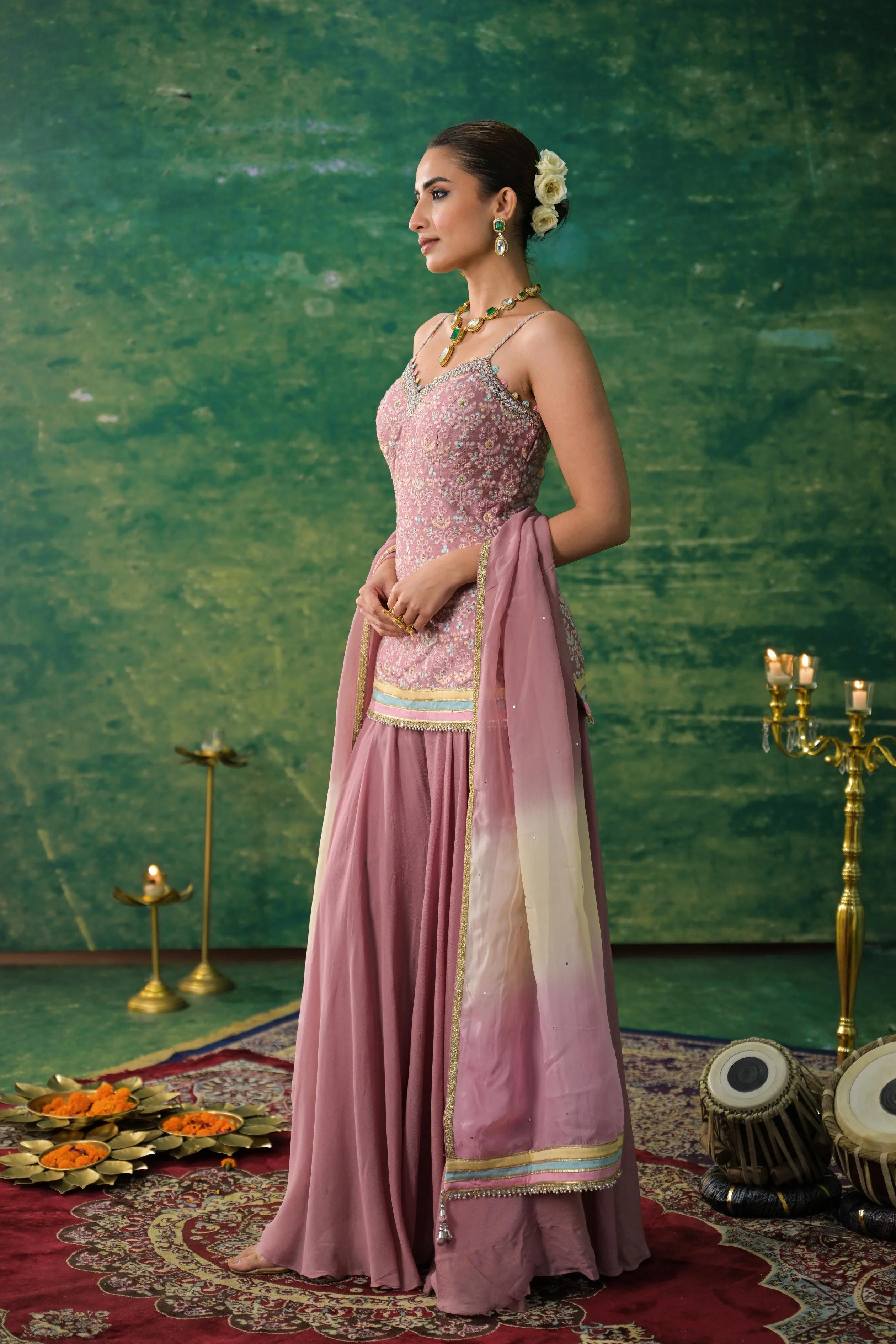 Light Pink Embroidered Raw Silk Palazzo Set - Image 3