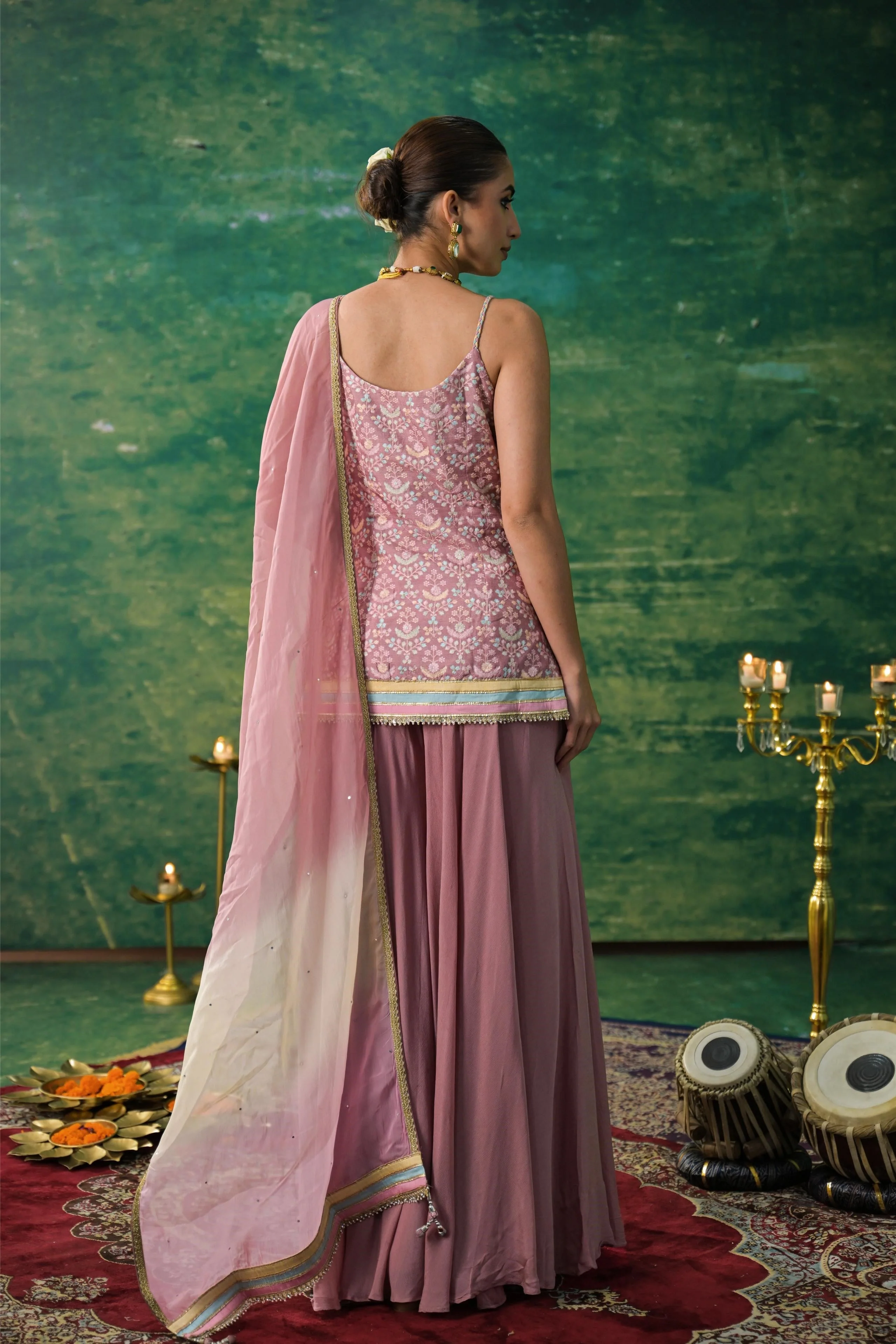 Light Pink Embroidered Raw Silk Palazzo Set - Image 4