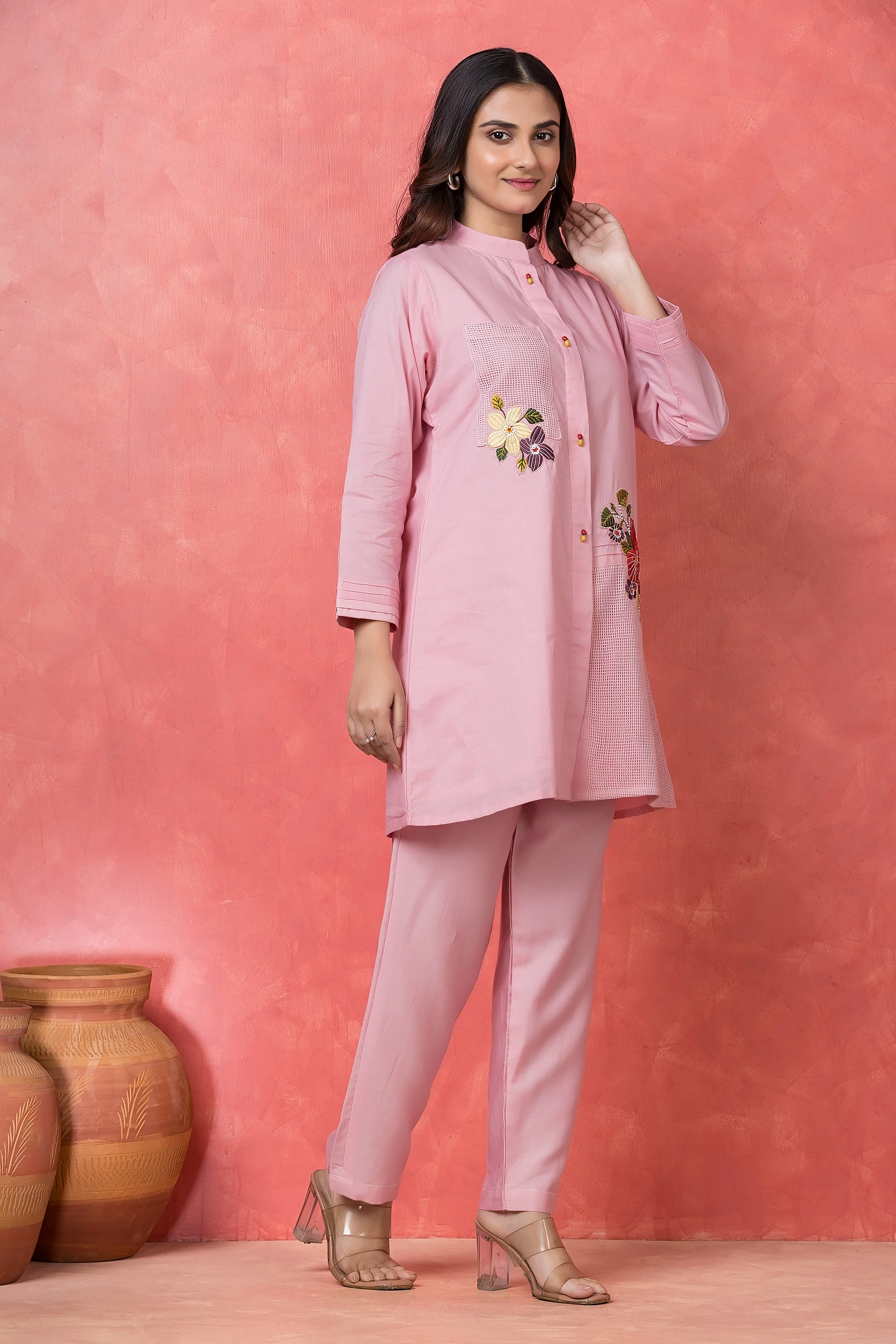 Light Pink Floral Applique Mul Cotton Co-Ord Set