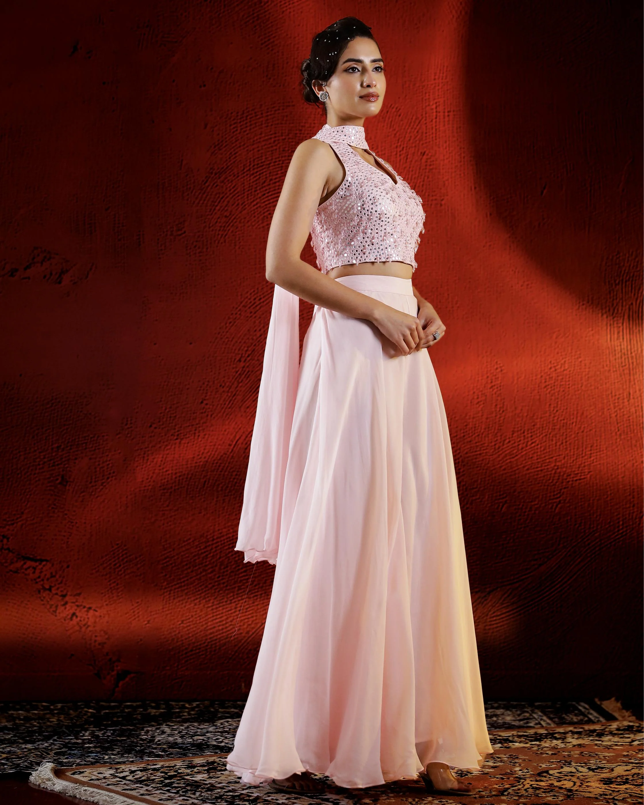 Light Pink Mirror Embellished Palazzo Set - Image 3