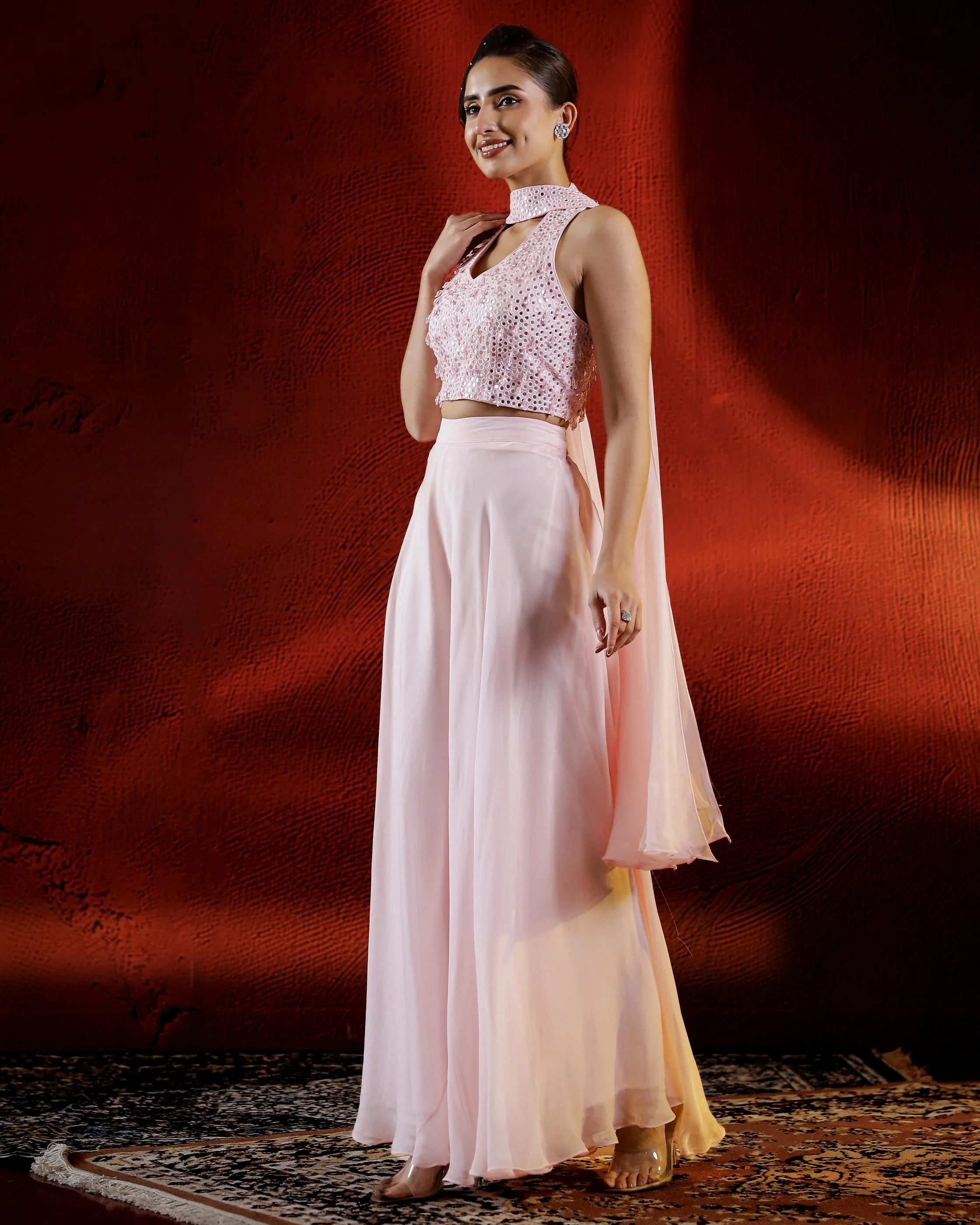 Light Pink Mirror Embellished Palazzo Set - Image 4