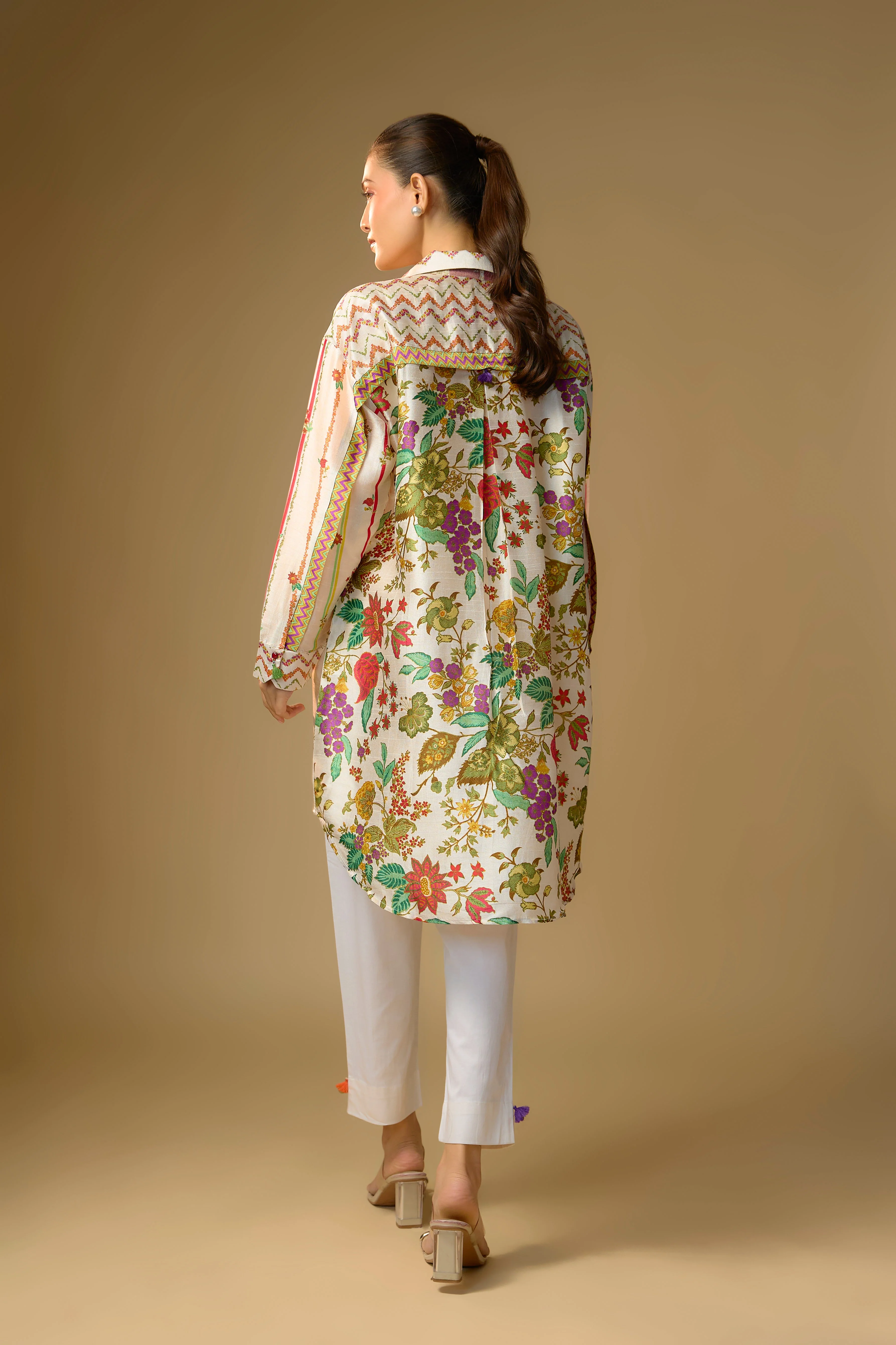 Ivory Printed Slub Cotton Silk Tunic Top - Image 3