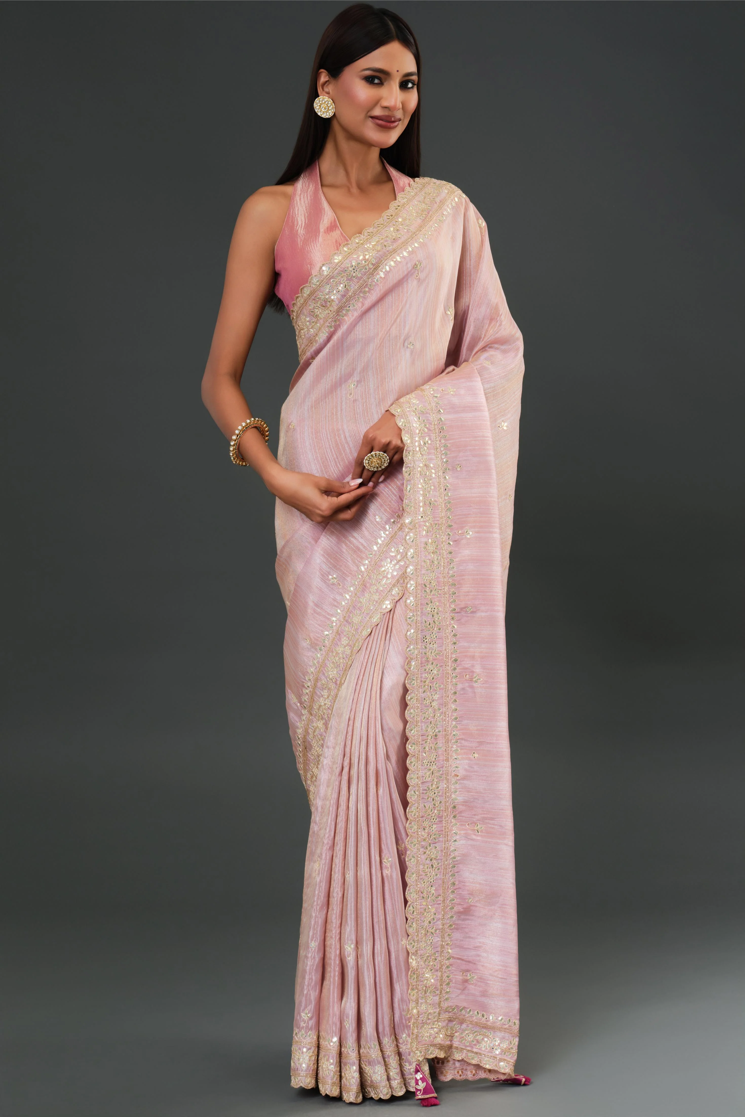Light Pink Tissue Georgette Silk Saree - Image 3