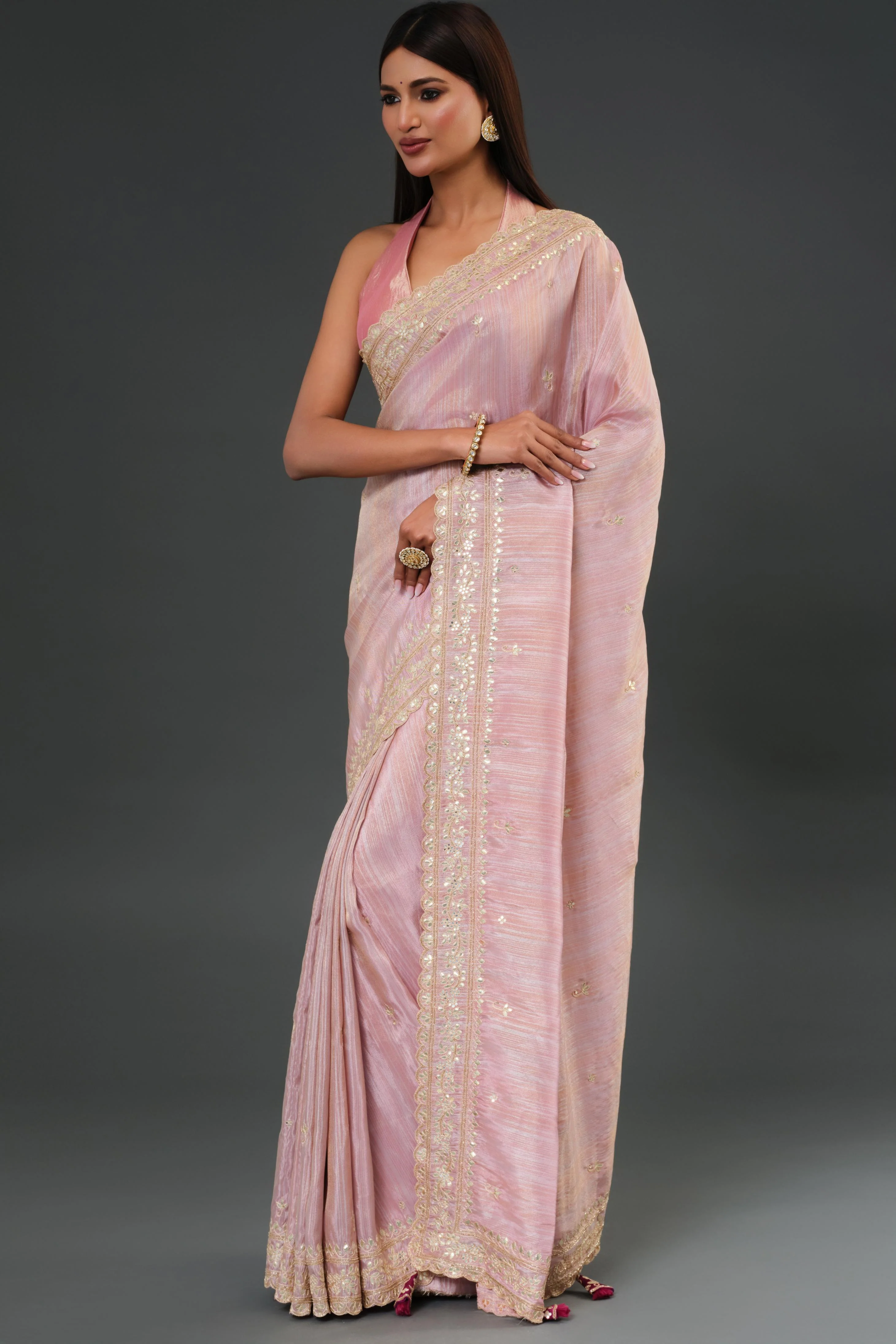 Light Pink Tissue Georgette Silk Saree - Image 4