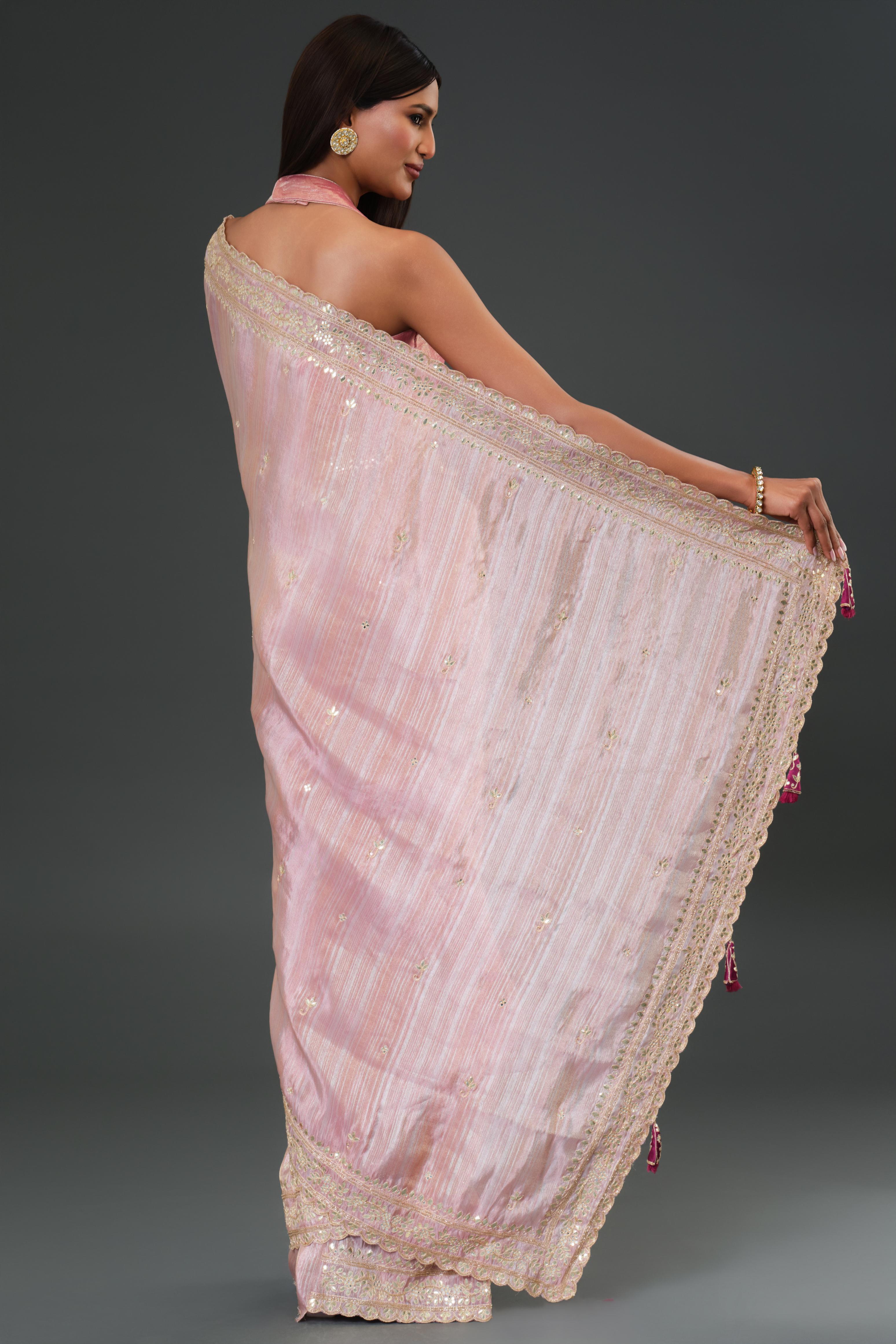 Light Pink Tissue Georgette Silk Saree - Image 5