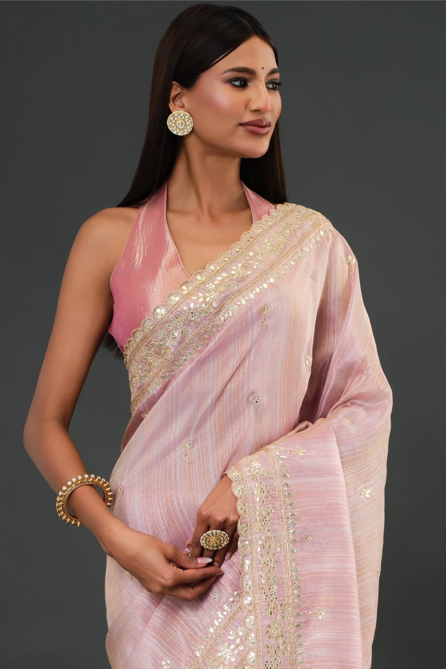 Light Pink Tissue Georgette Silk Saree - Image 7
