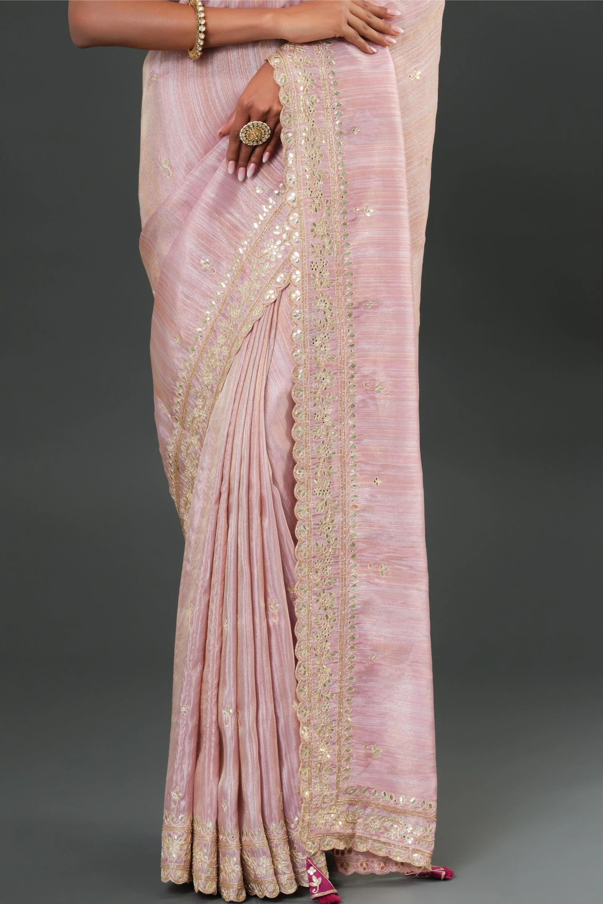 Light Pink Tissue Georgette Silk Saree - Image 8
