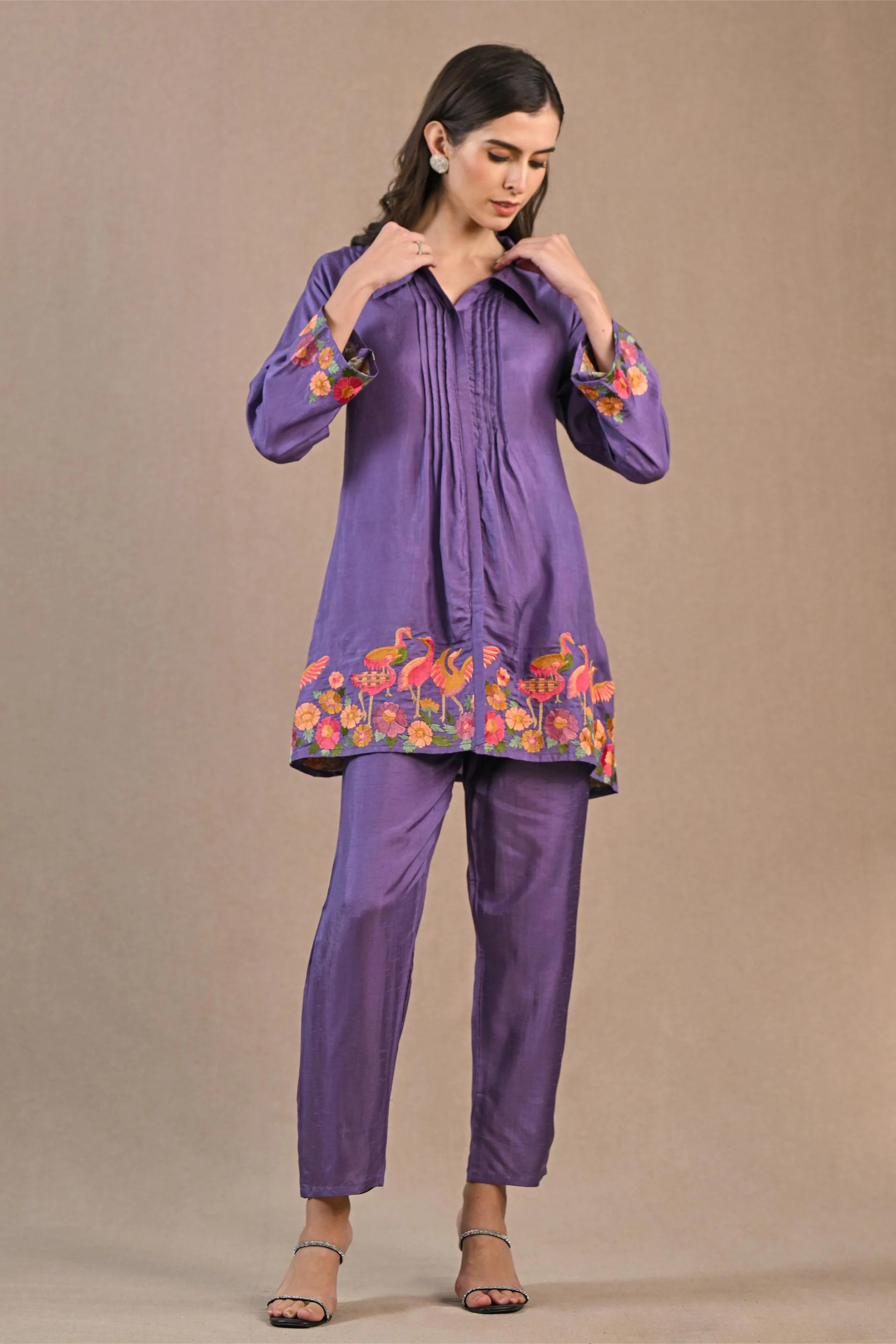 Light Purple Embroidered Raw Silk Co-Ord Set - Image 3