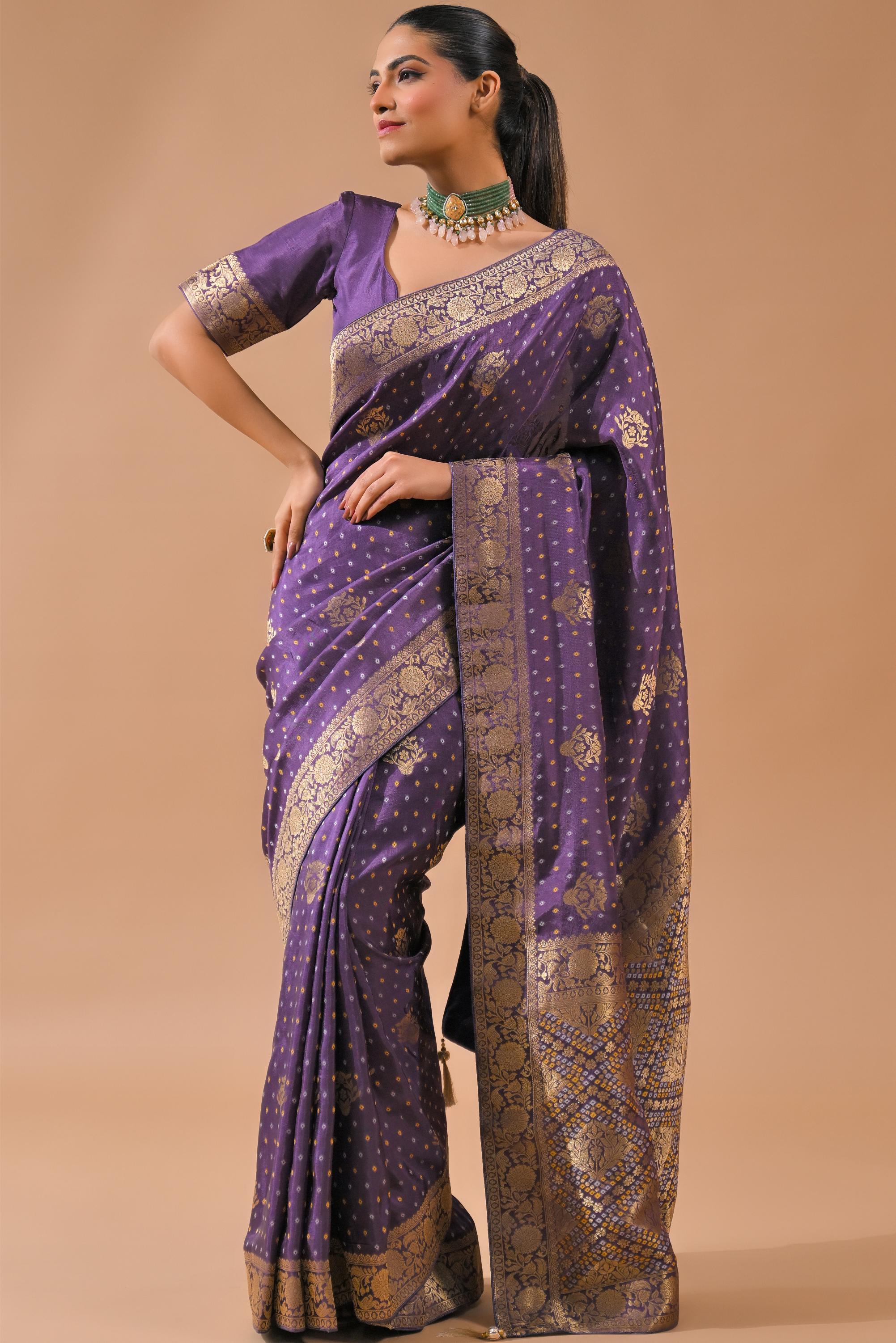 Light Purple Bandhej Printed Silk Saree - Image 2