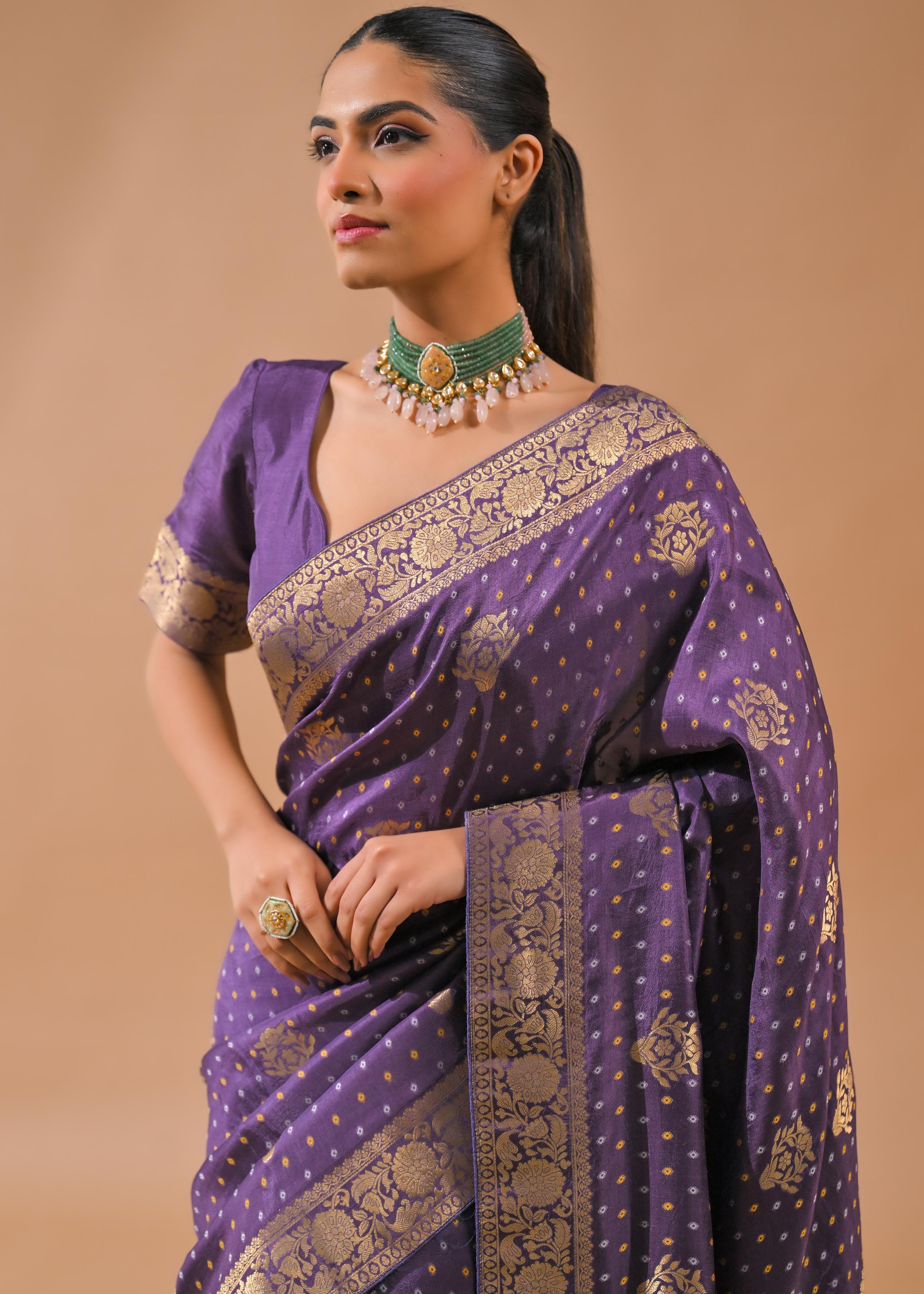 Light Purple Bandhej Printed Silk Saree - Image 6