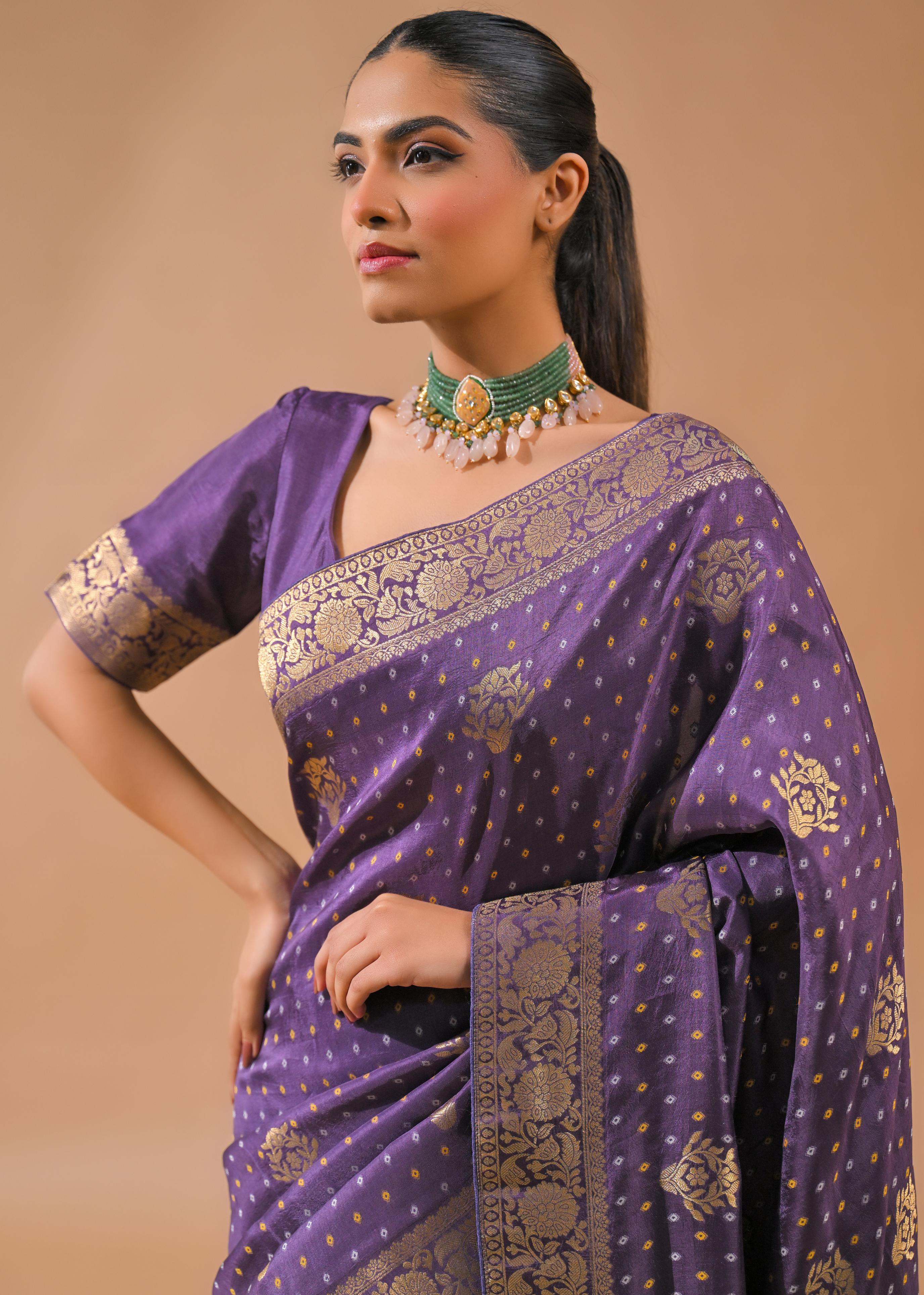 Light Purple Bandhej Printed Silk Saree - Image 7