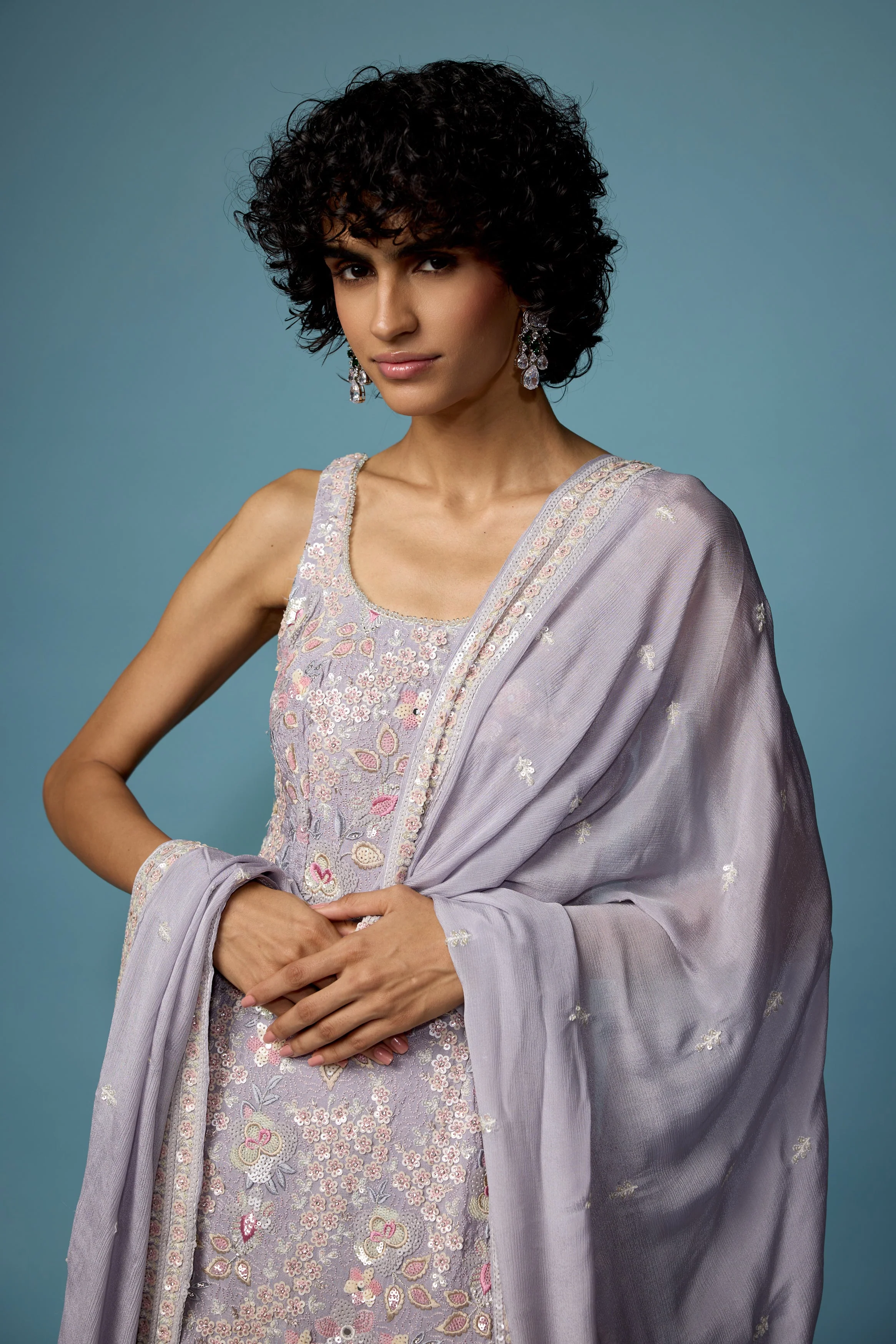 Light Purple Embellished Chinon Silk Palazzo Set - Image 2