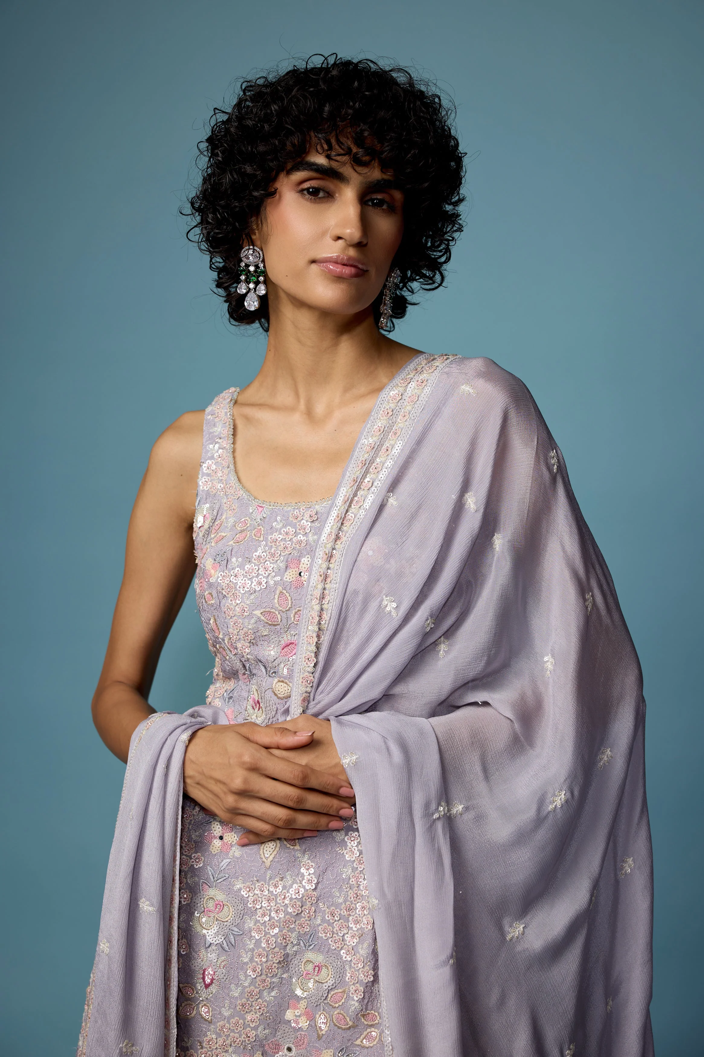Light Purple Embellished Chinon Silk Palazzo Set - Image 3