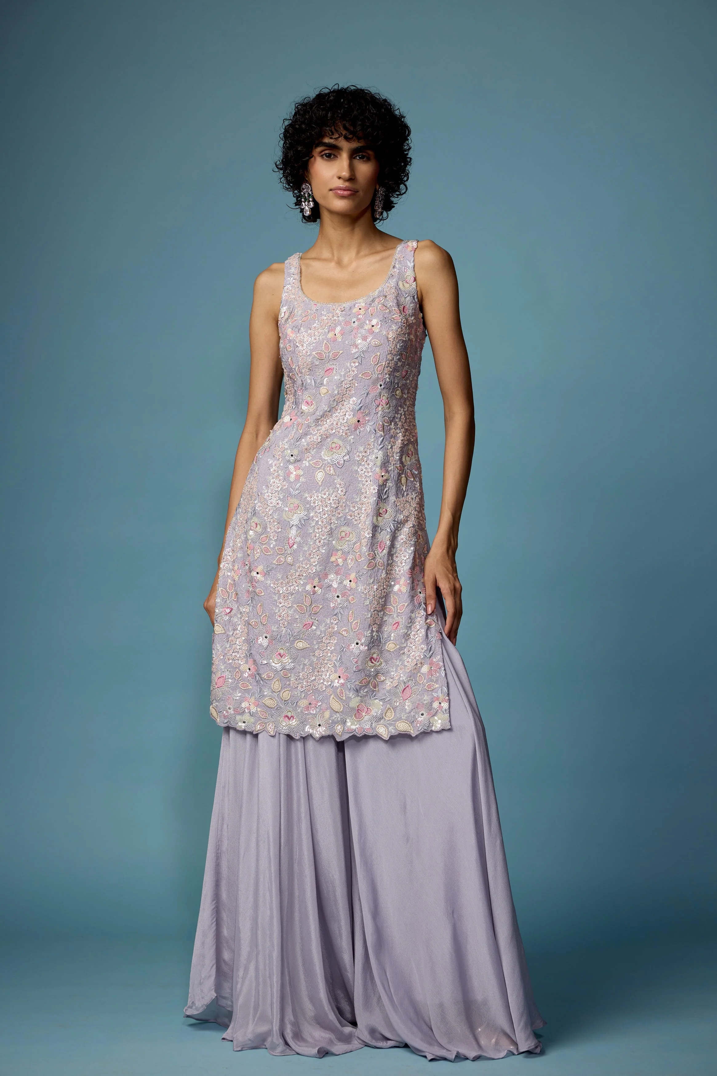 Light Purple Embellished Chinon Silk Palazzo Set - Image 4