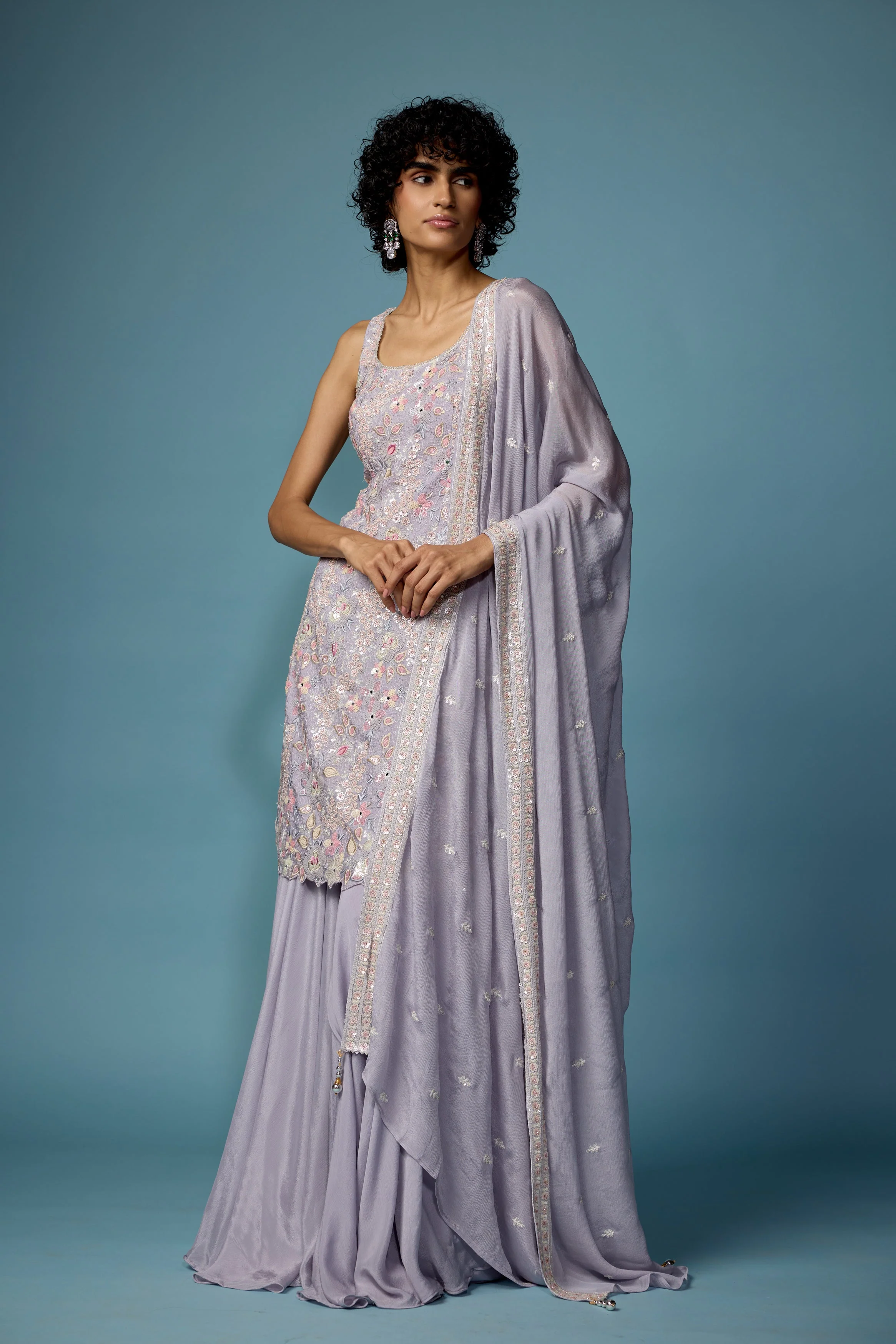 Light Purple Embellished Chinon Silk Palazzo Set - Image 5