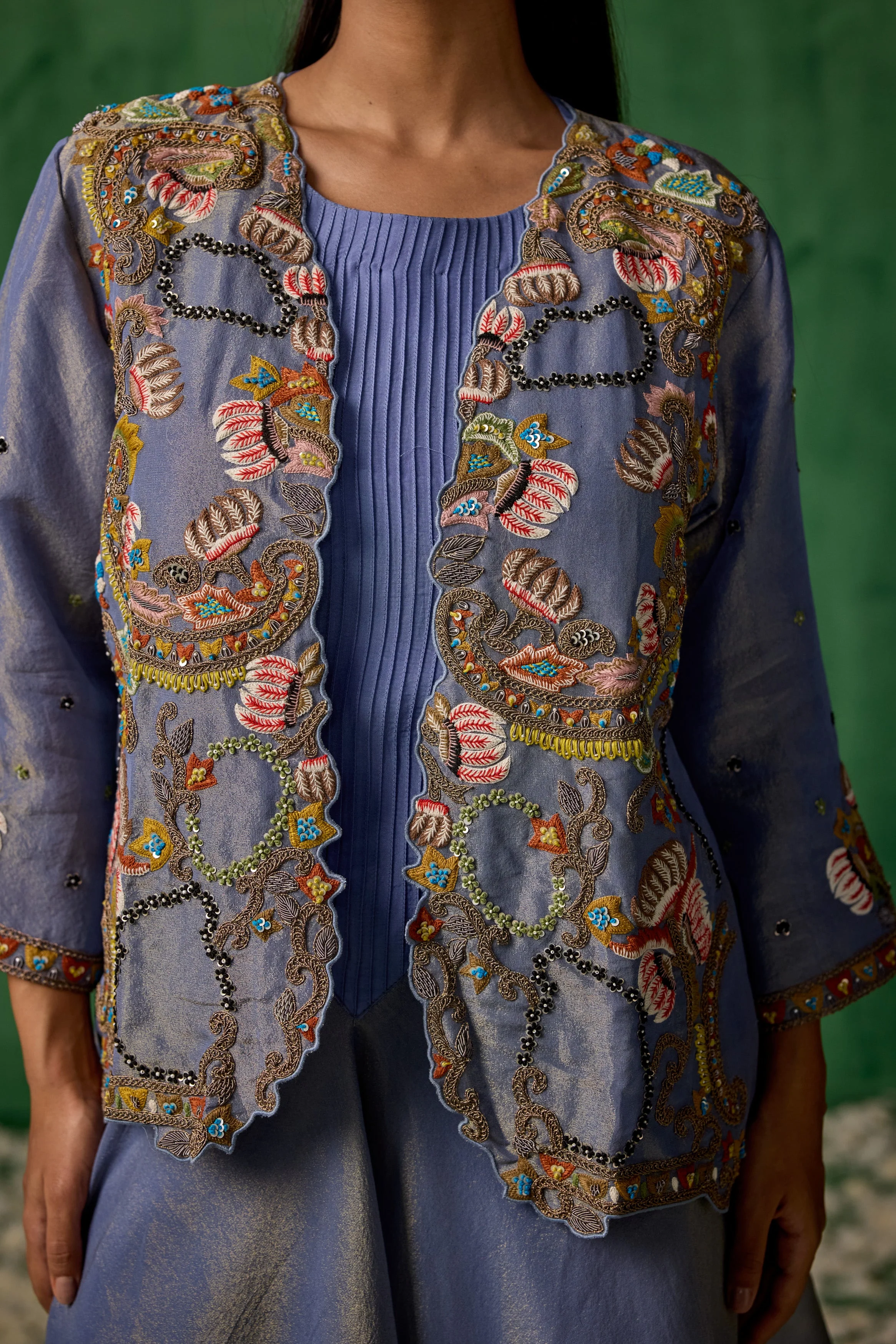 Powder Blue Embellished Satin Silk Tunic Set - Image 2