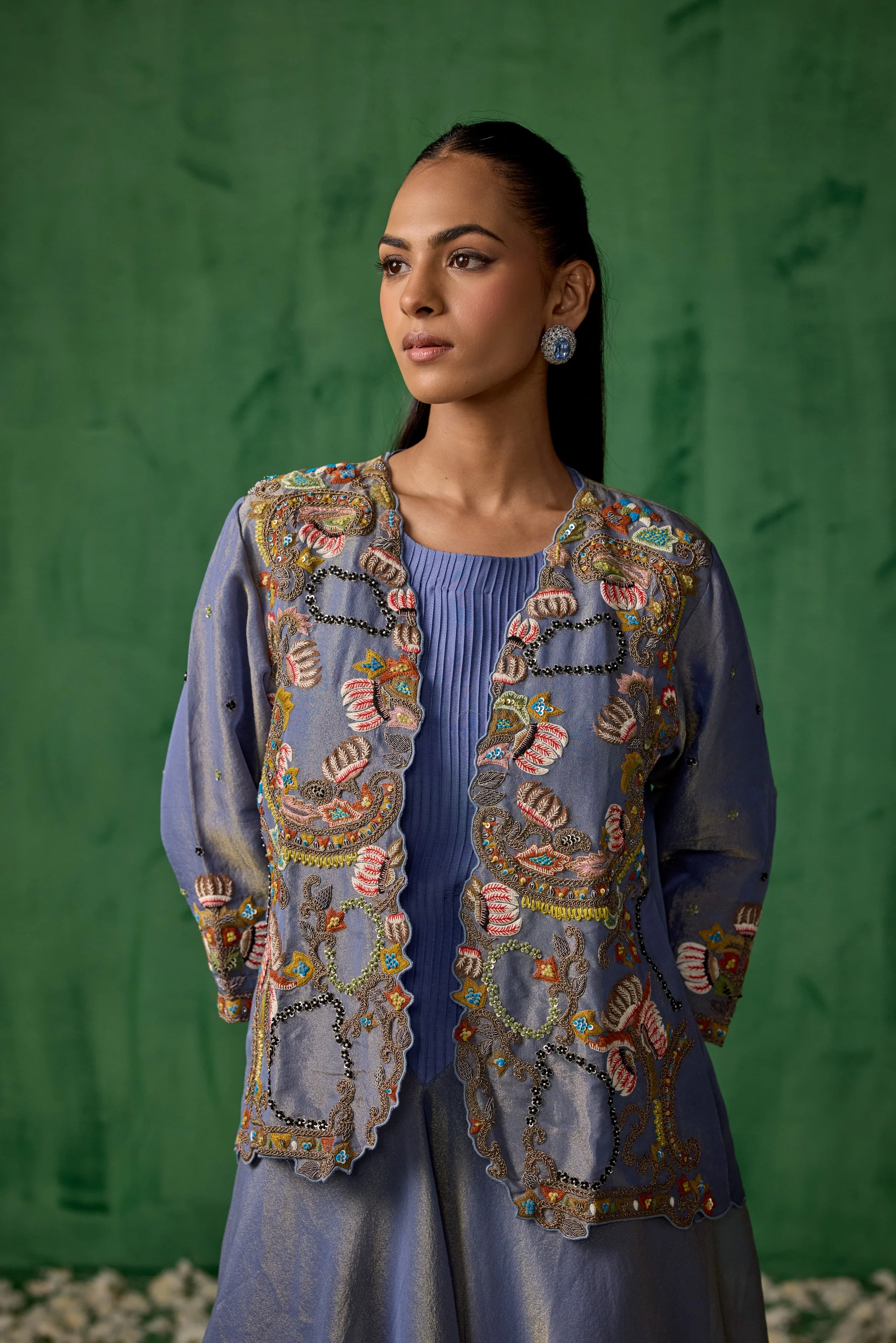 Powder Blue Embellished Satin Silk Tunic Set - Image 3