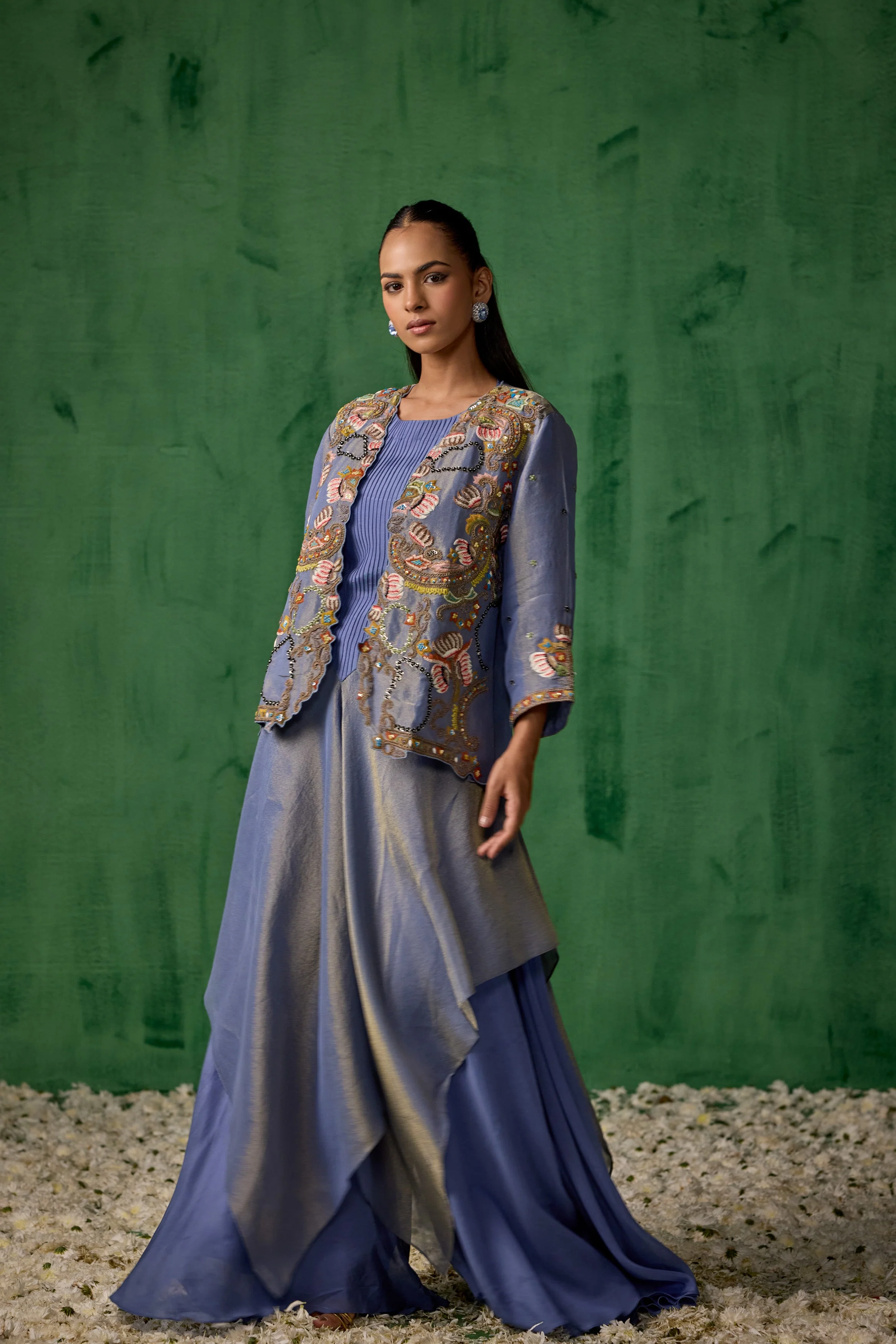 Powder Blue Embellished Satin Silk Tunic Set - Image 4