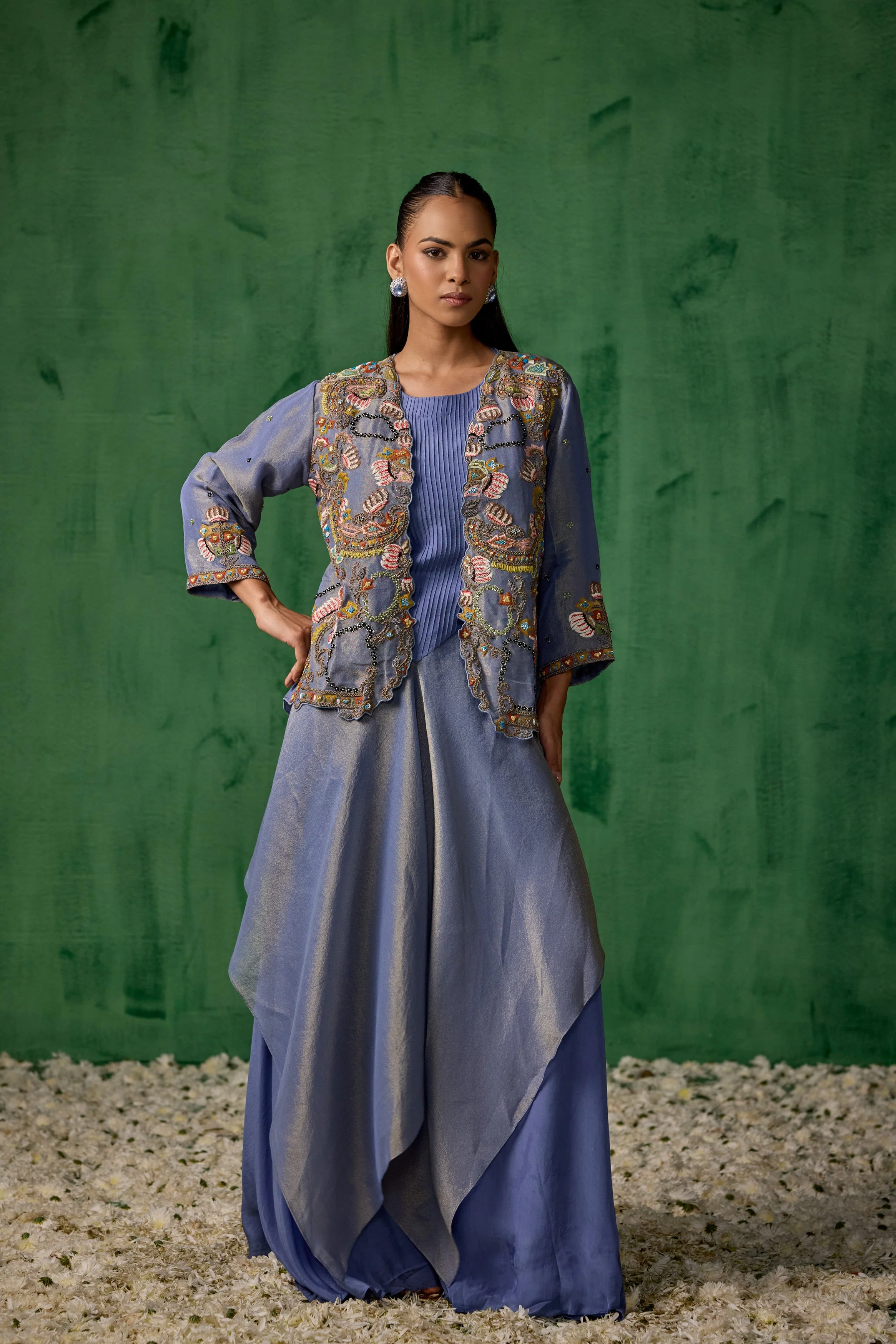 Powder Blue Embellished Satin Silk Tunic Set - Image 5