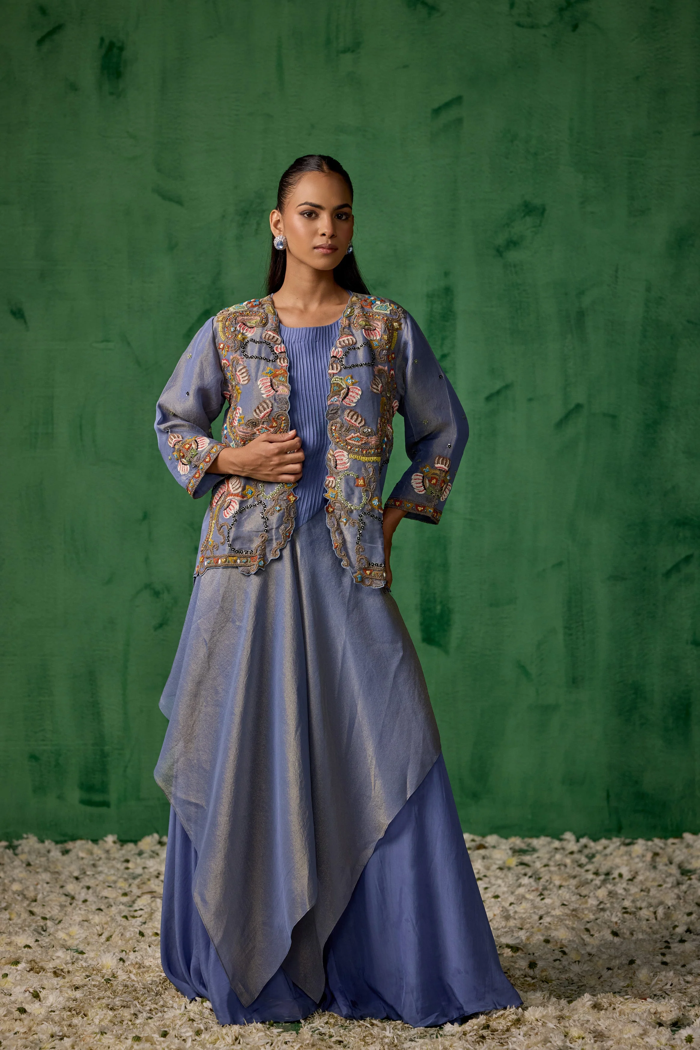 Powder Blue Embellished Satin Silk Tunic Set - Image 6