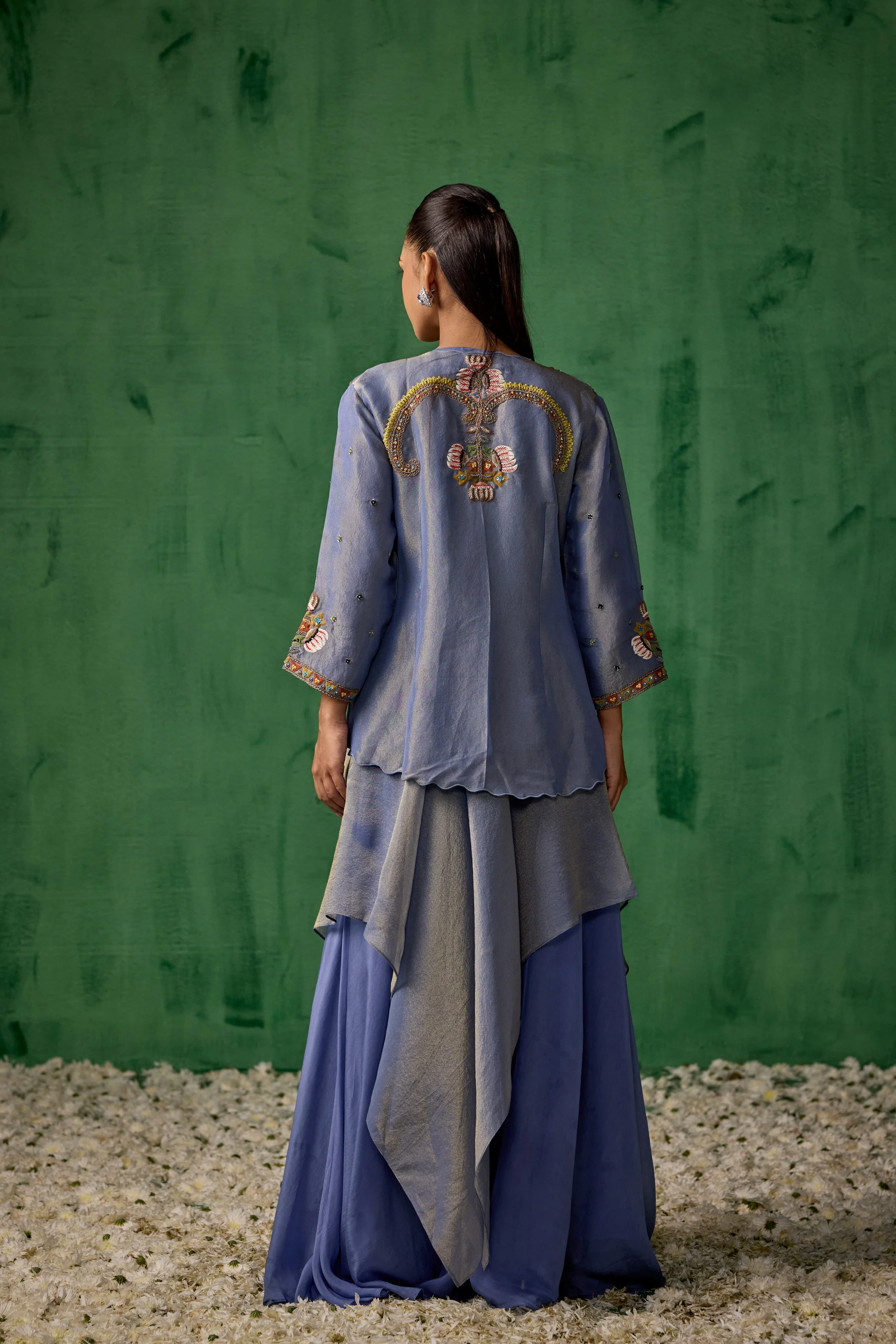 Powder Blue Embellished Satin Silk Tunic Set - Image 7