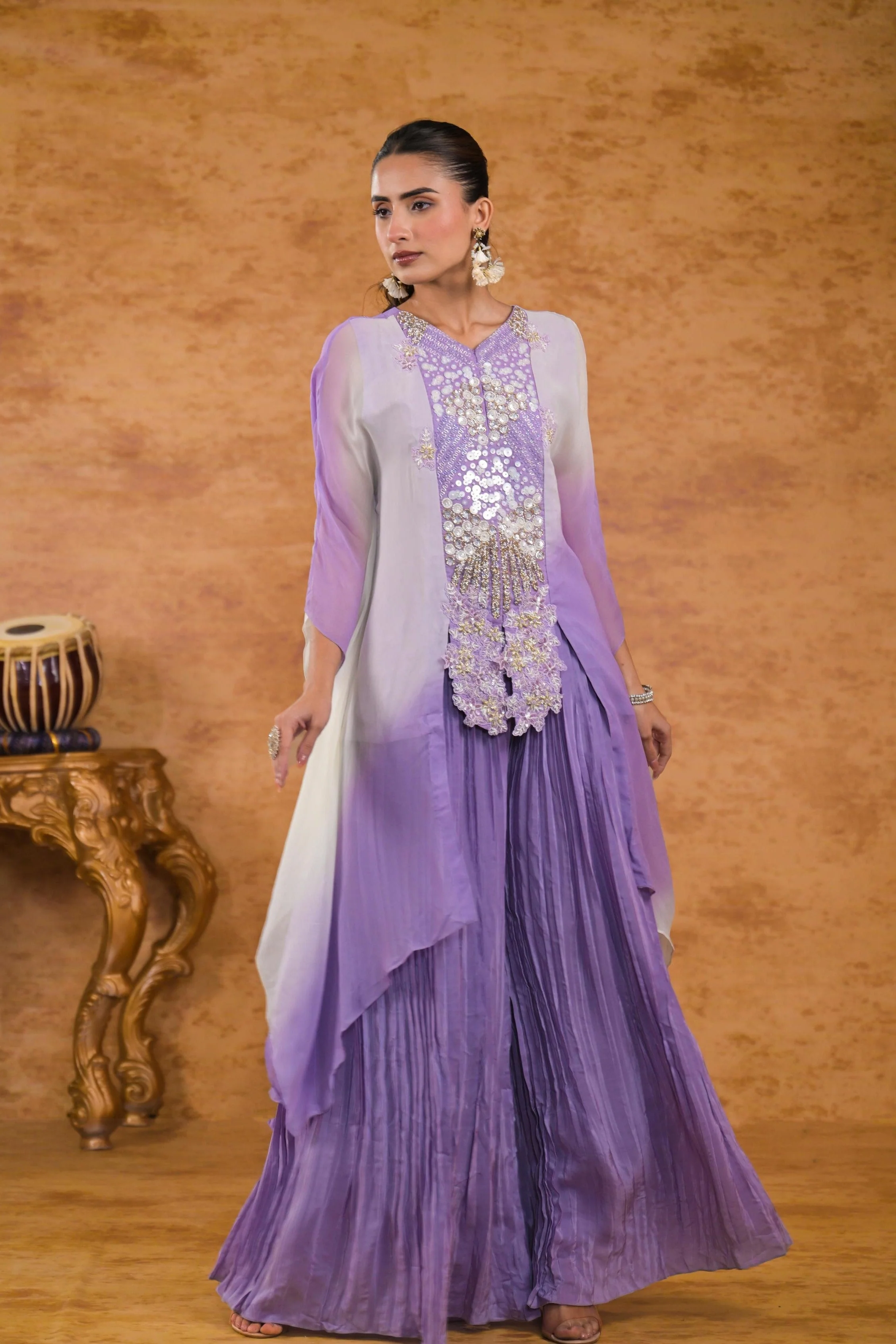 Lilac Ombre-Dyed Georgette Silk Tunic & Palazzo Set - Image 3