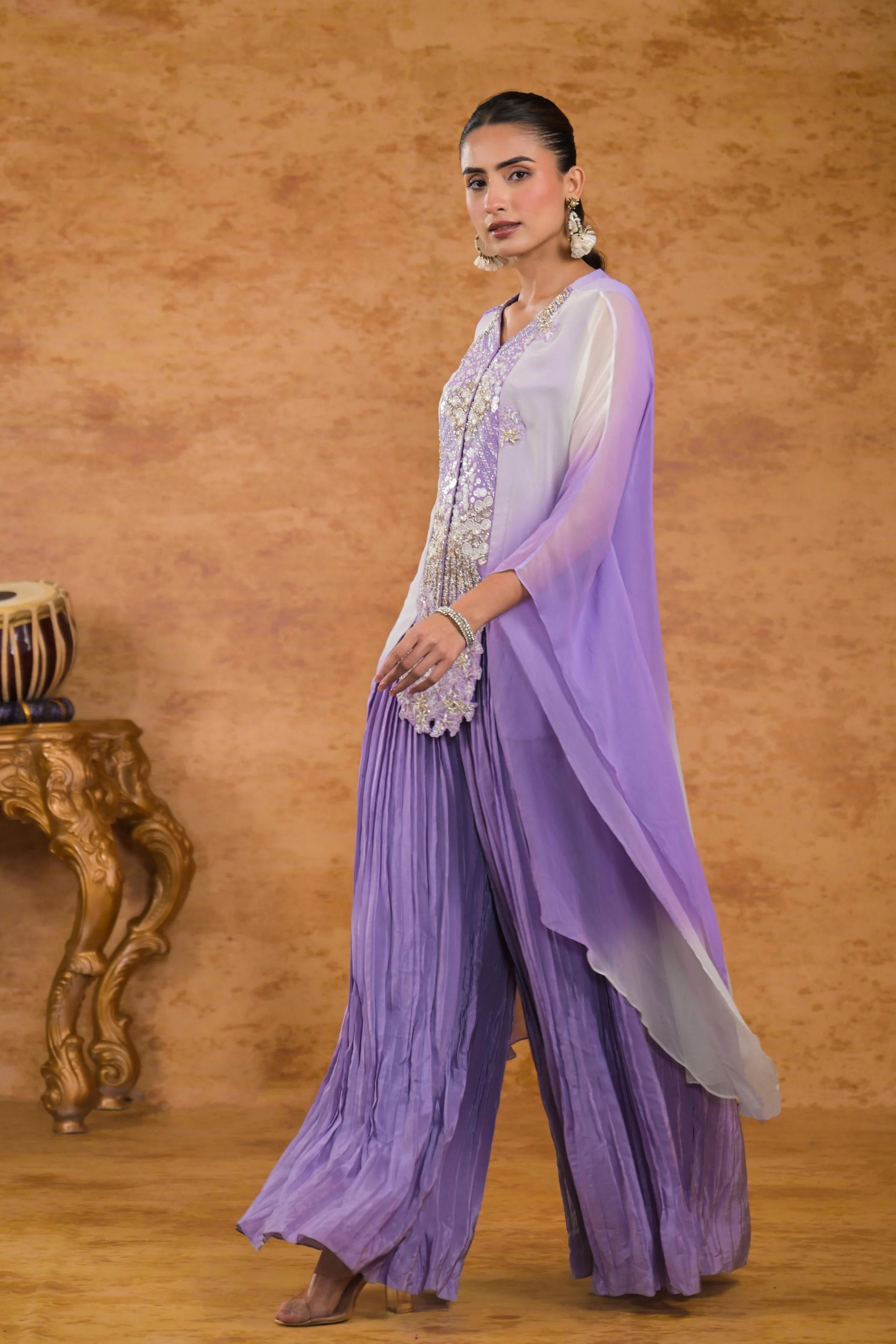 Lilac Ombre-Dyed Georgette Silk Tunic & Palazzo Set - Image 4