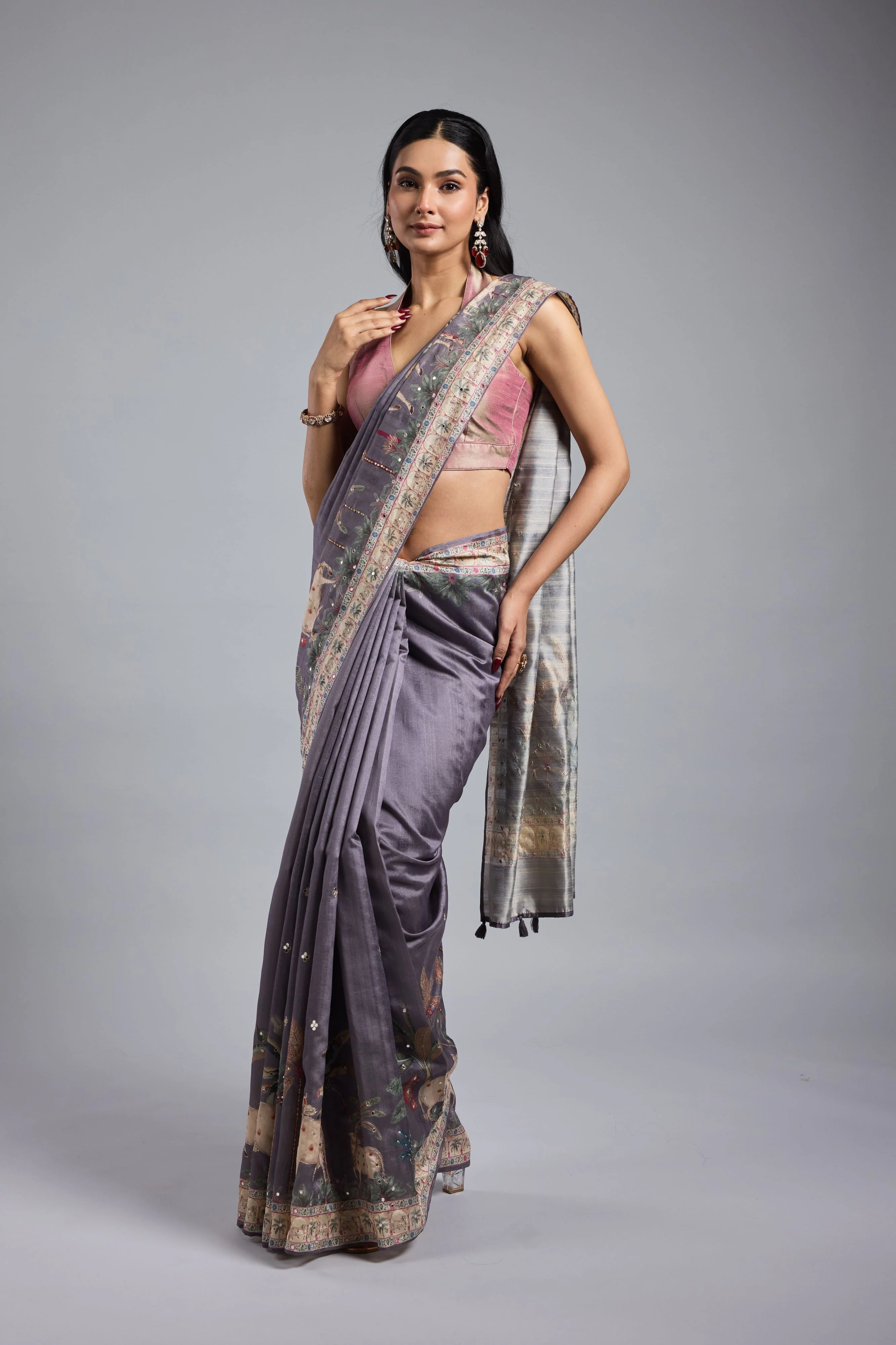 Light Purple Printed Bhagalpuri Tussar Silk Saree - Image 3