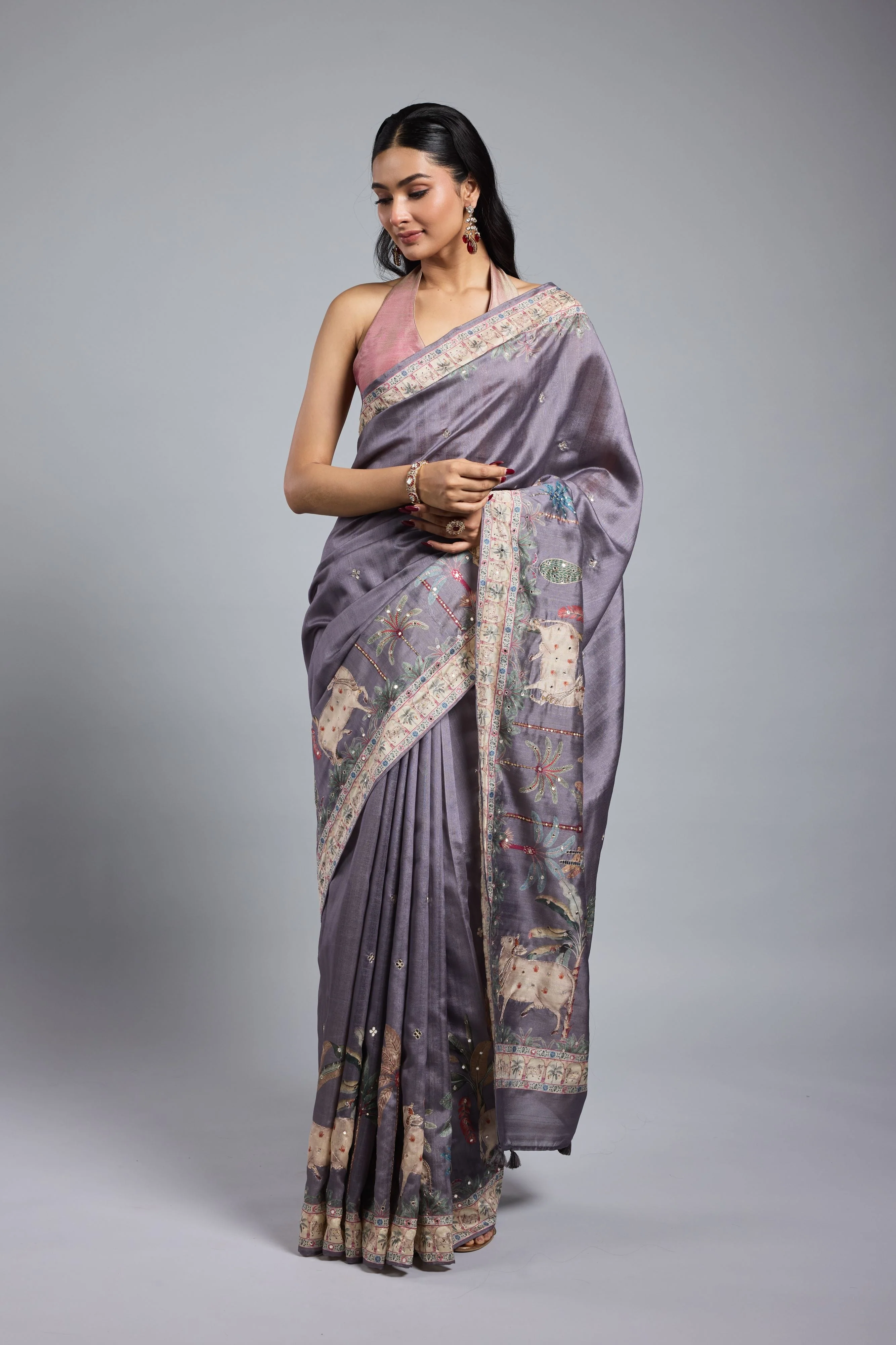 Light Purple Printed Bhagalpuri Tussar Silk Saree - Image 4