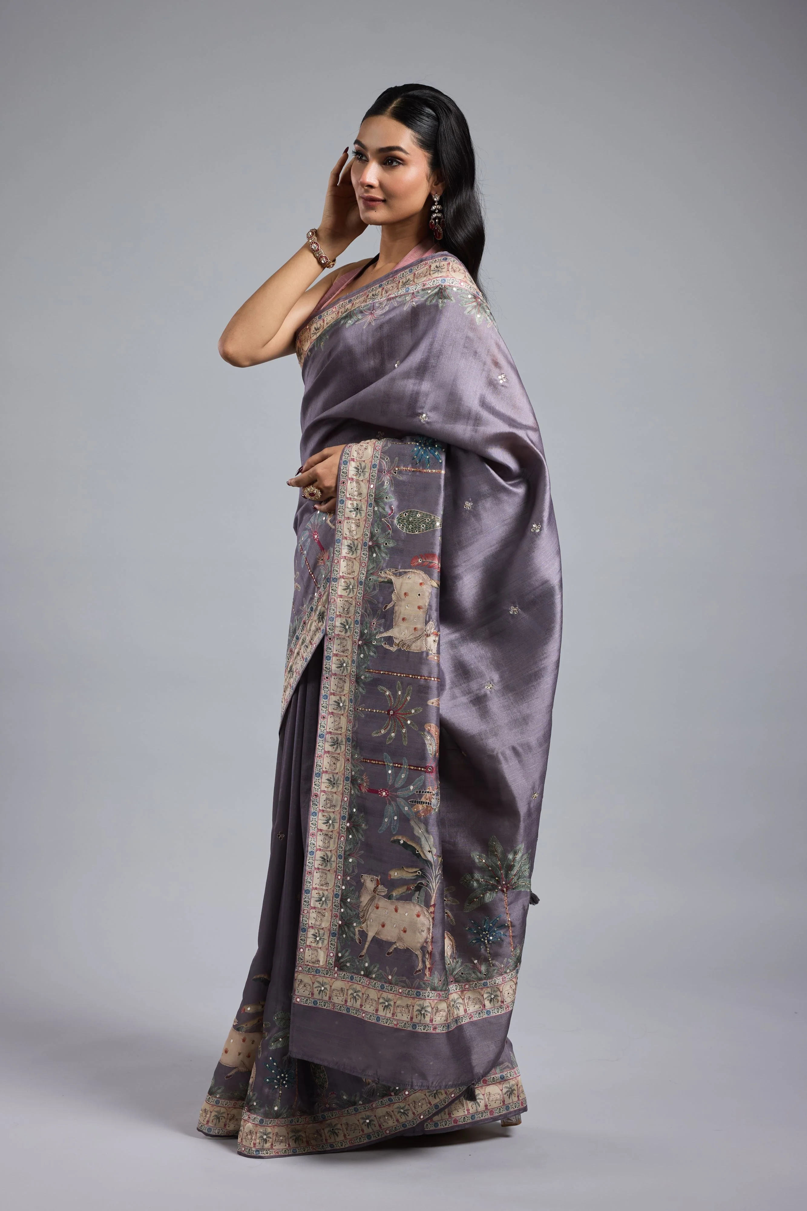 Light Purple Printed Bhagalpuri Tussar Silk Saree - Image 5