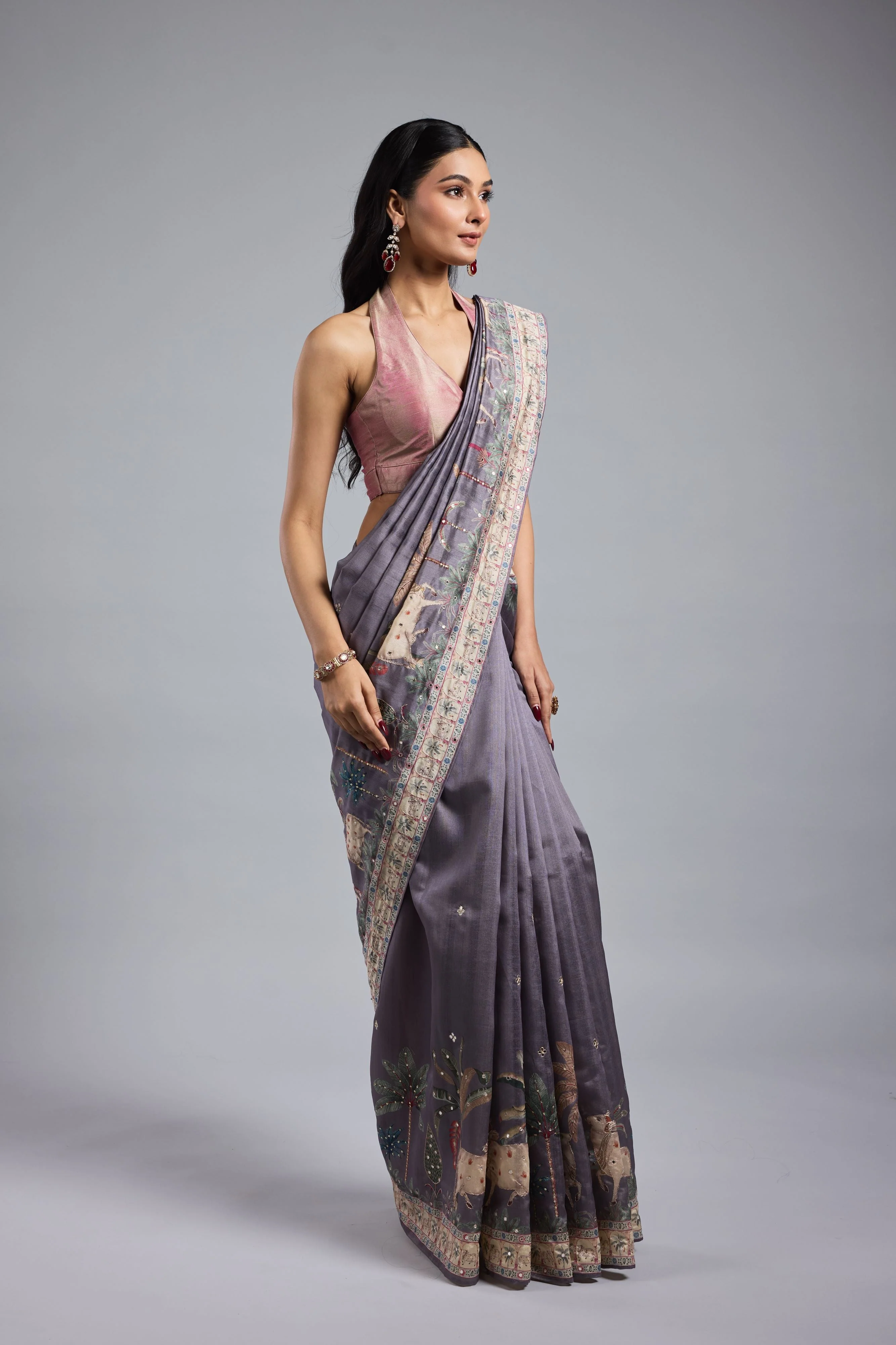 Light Purple Printed Bhagalpuri Tussar Silk Saree - Image 6