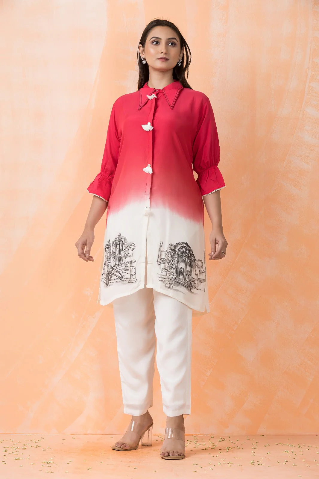 Light Red Printed Muslin silk Co-Ord Set - Image 3