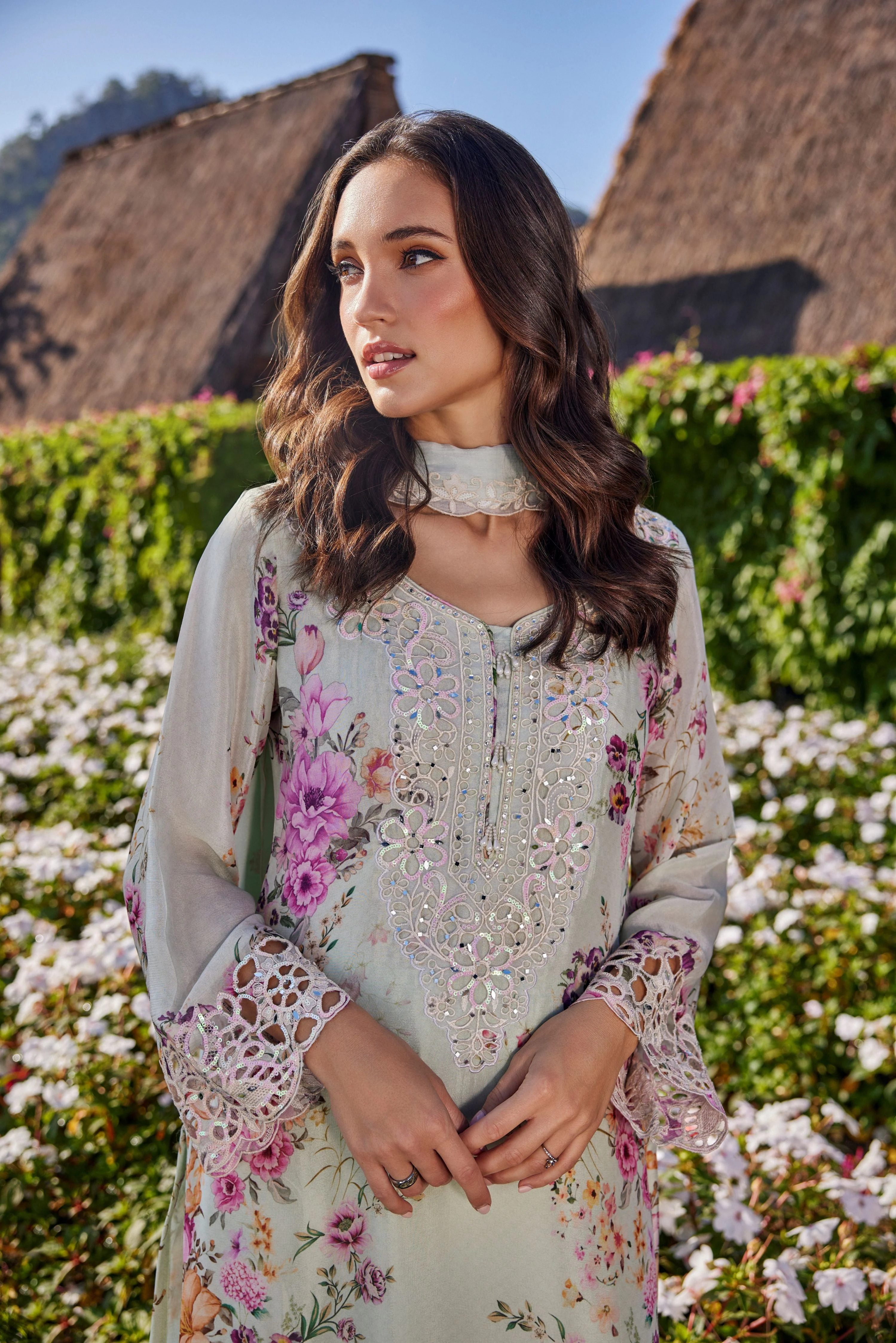 Light Sage Embellished Crepe Silk Palazzo Set - Image 2
