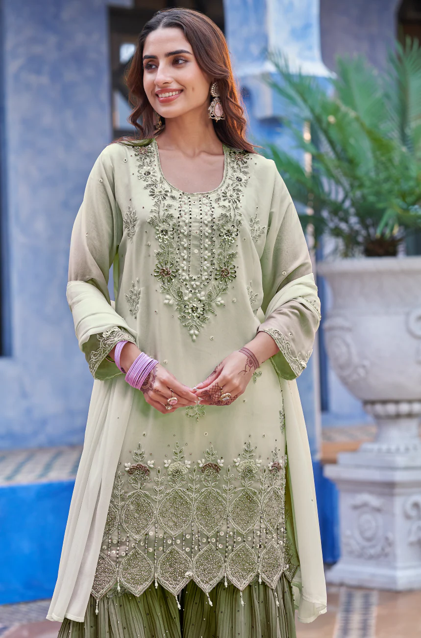 Light Sage Embellished Shimmer Tissue Sharara Set - Image 2