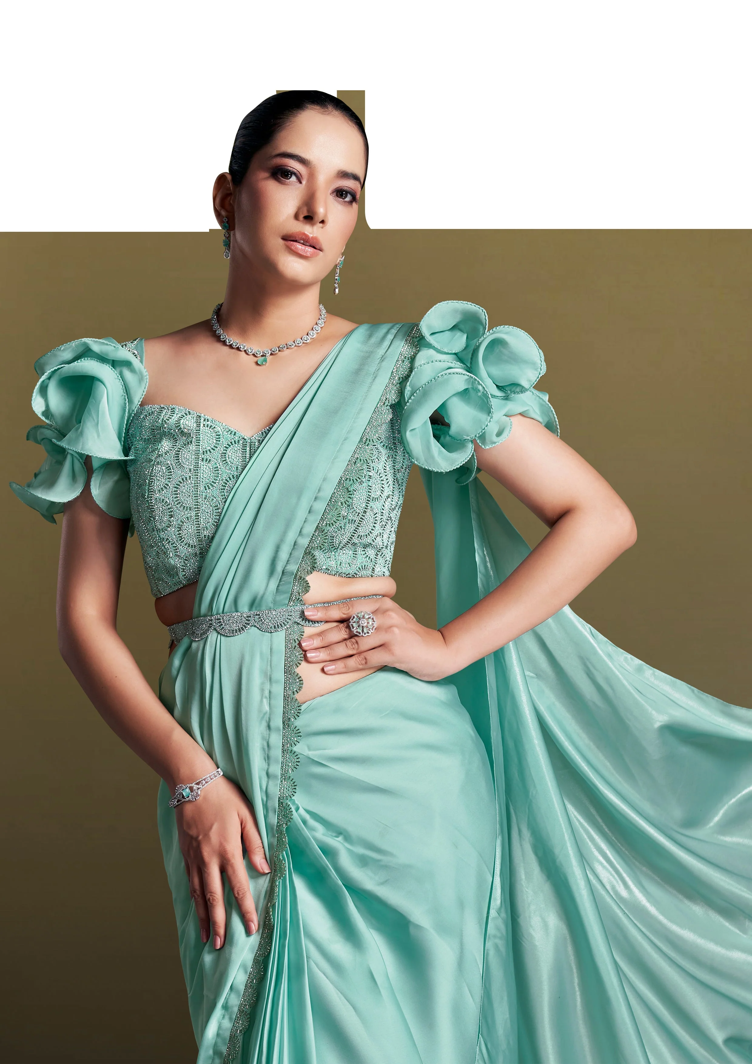 Light Turquoise Embellished Crepe Satin Silk Saree - Image 2