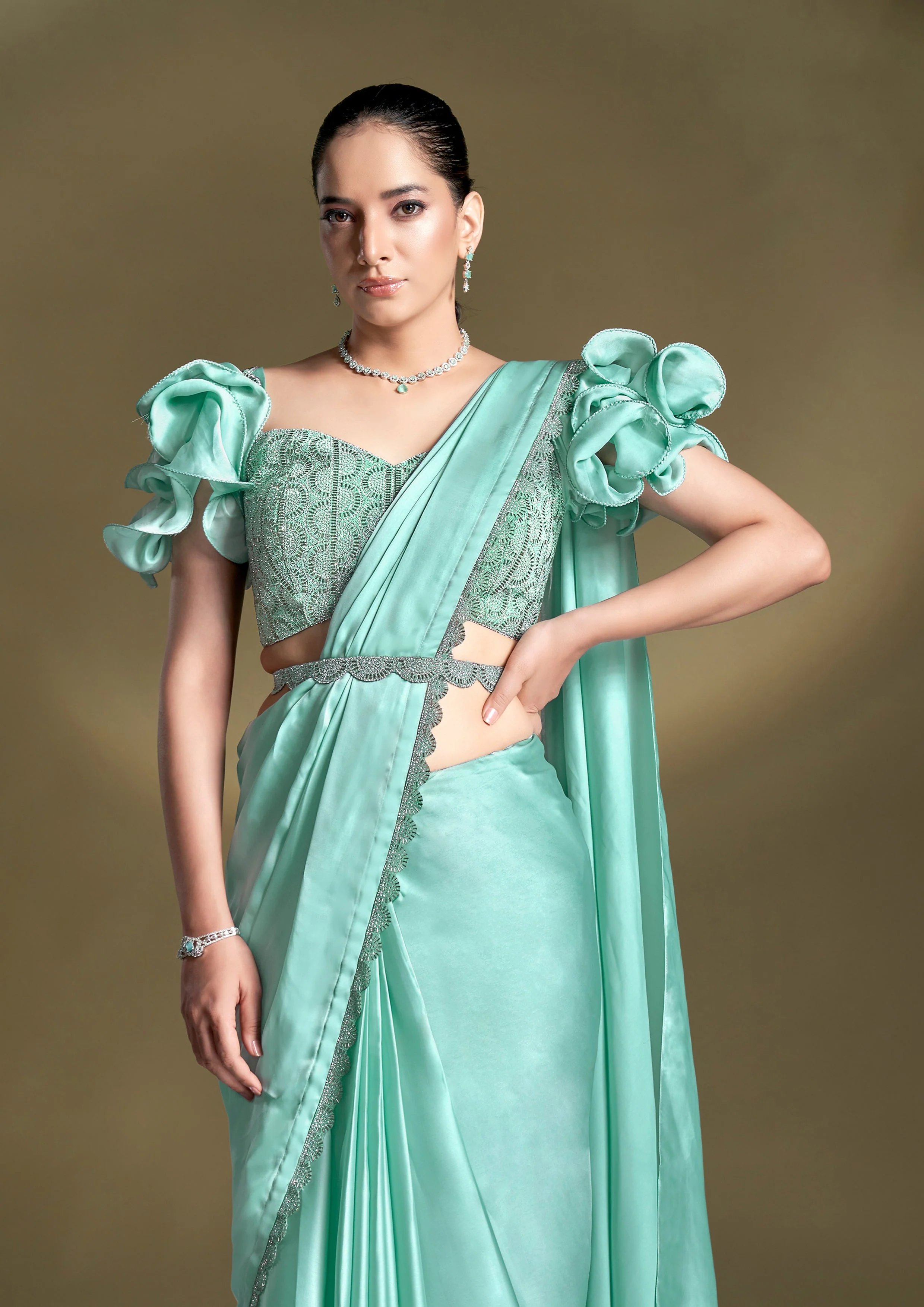 Light Turquoise Embellished Crepe Satin Silk Saree - Image 4