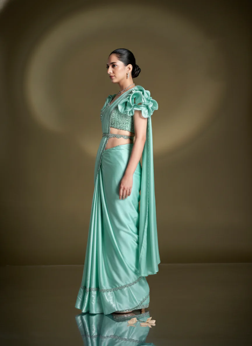 Light Turquoise Embellished Crepe Satin Silk Saree - Image 5