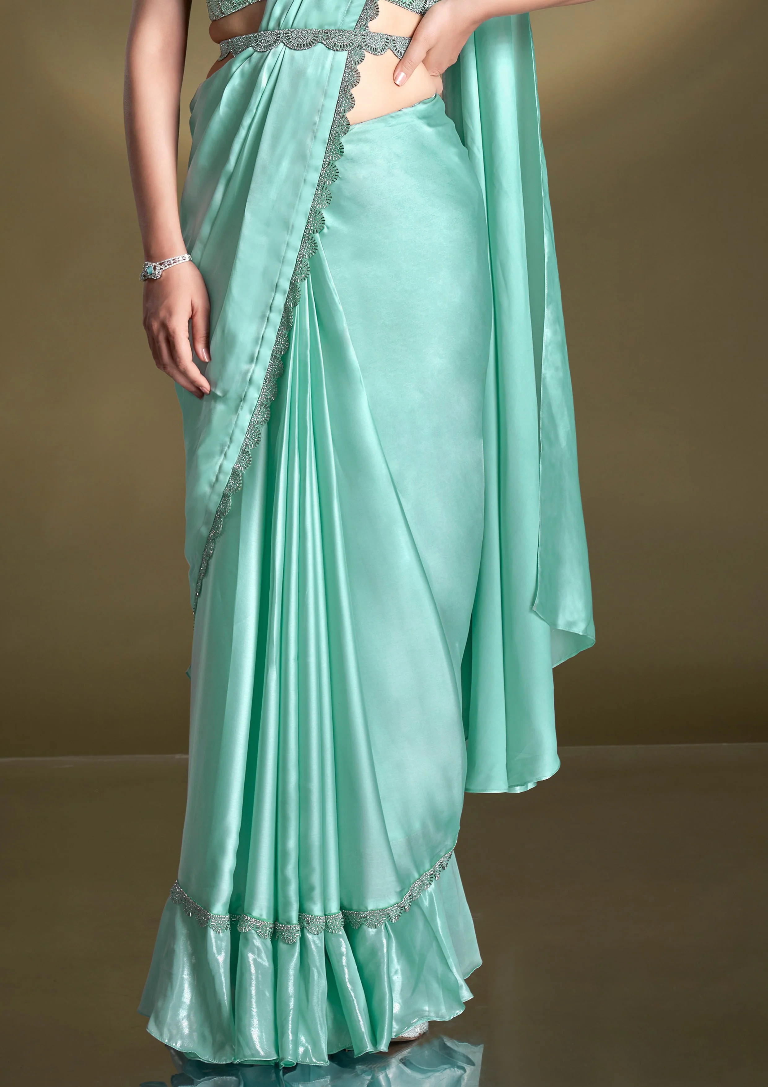Light Turquoise Embellished Crepe Satin Silk Saree - Image 6