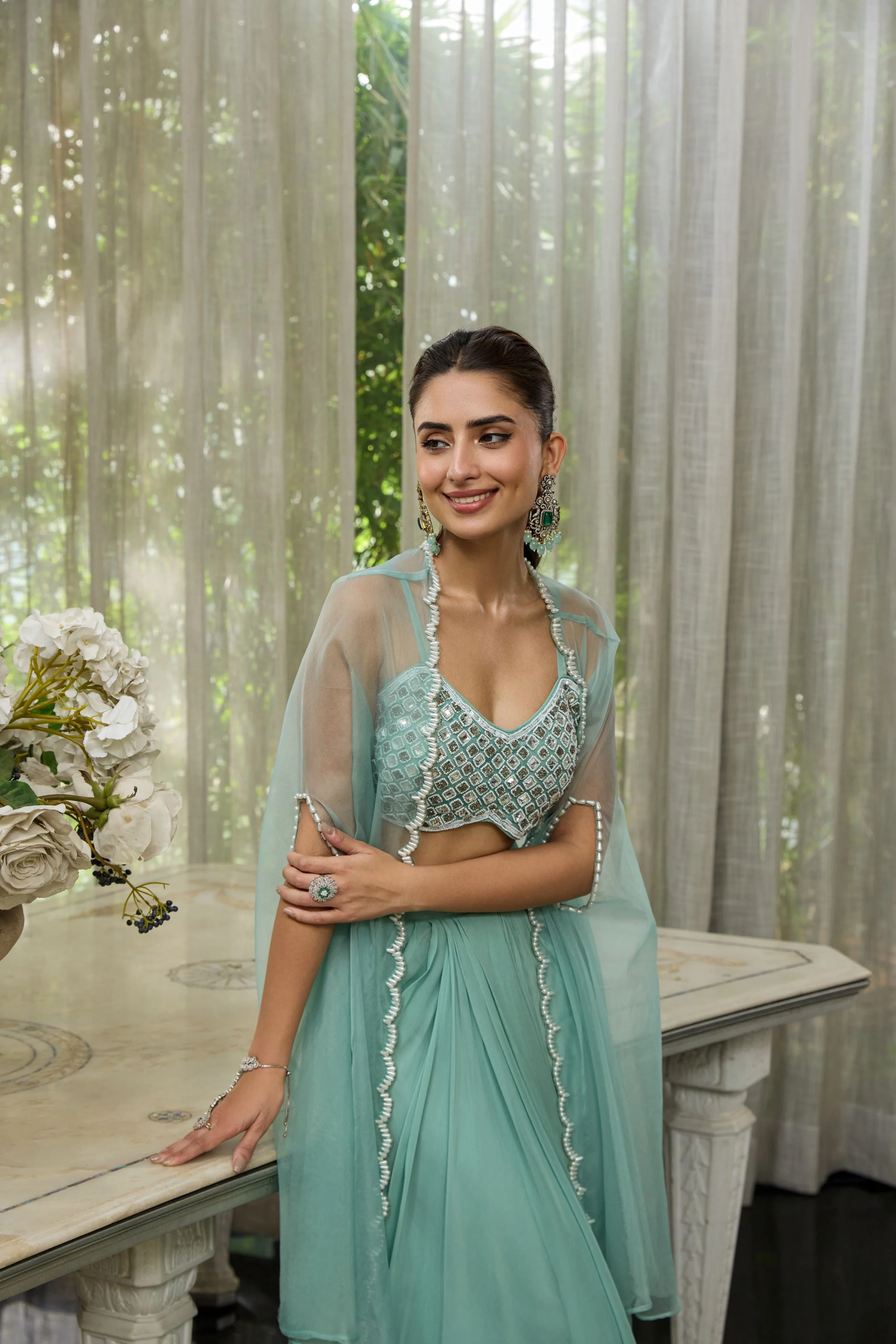 Light Teal Embellished Organza Silk Cape Set - Image 2