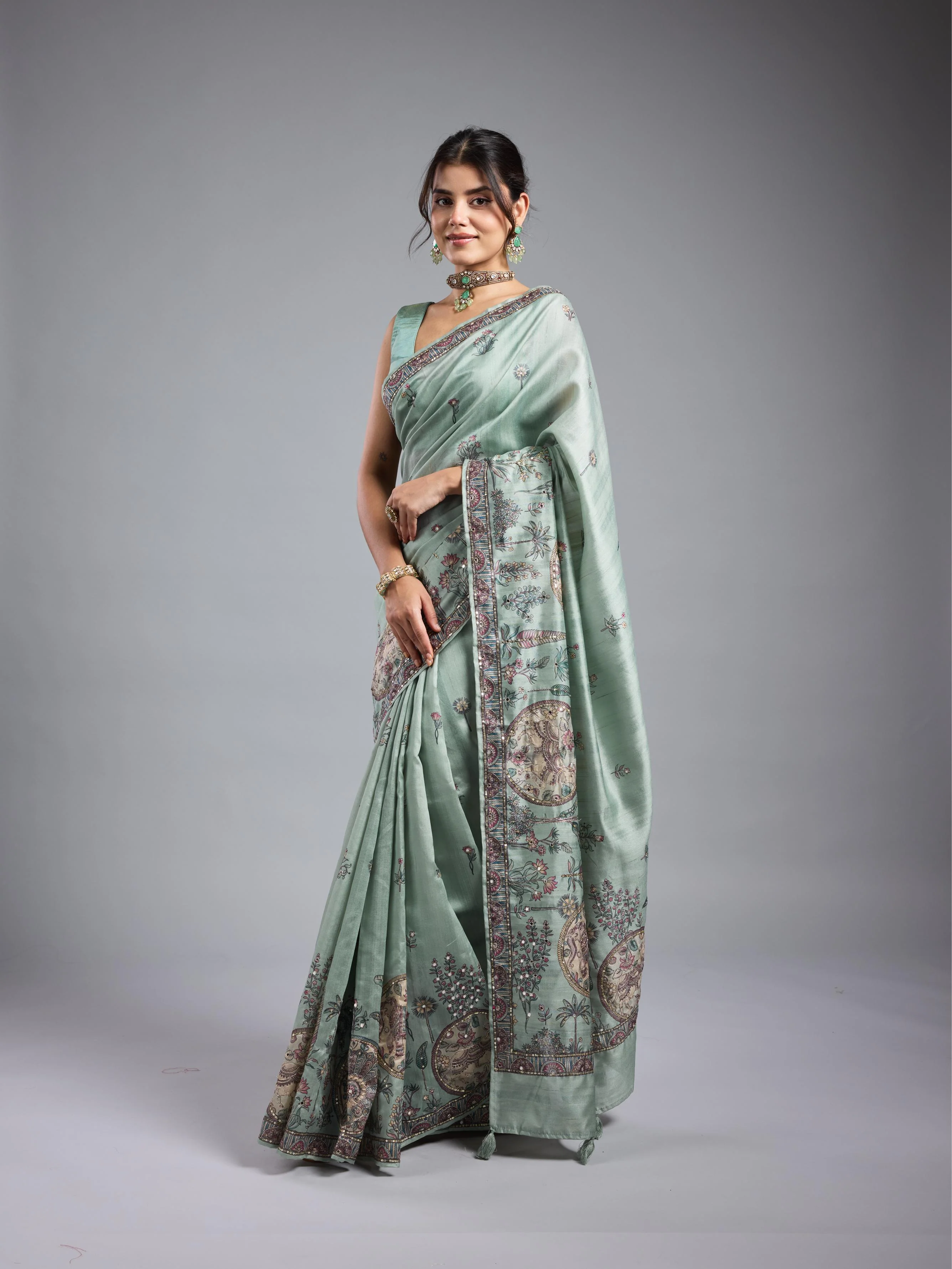 Light Teal Kalamkari Bhagalpuri Tussar Silk Saree - Image 3