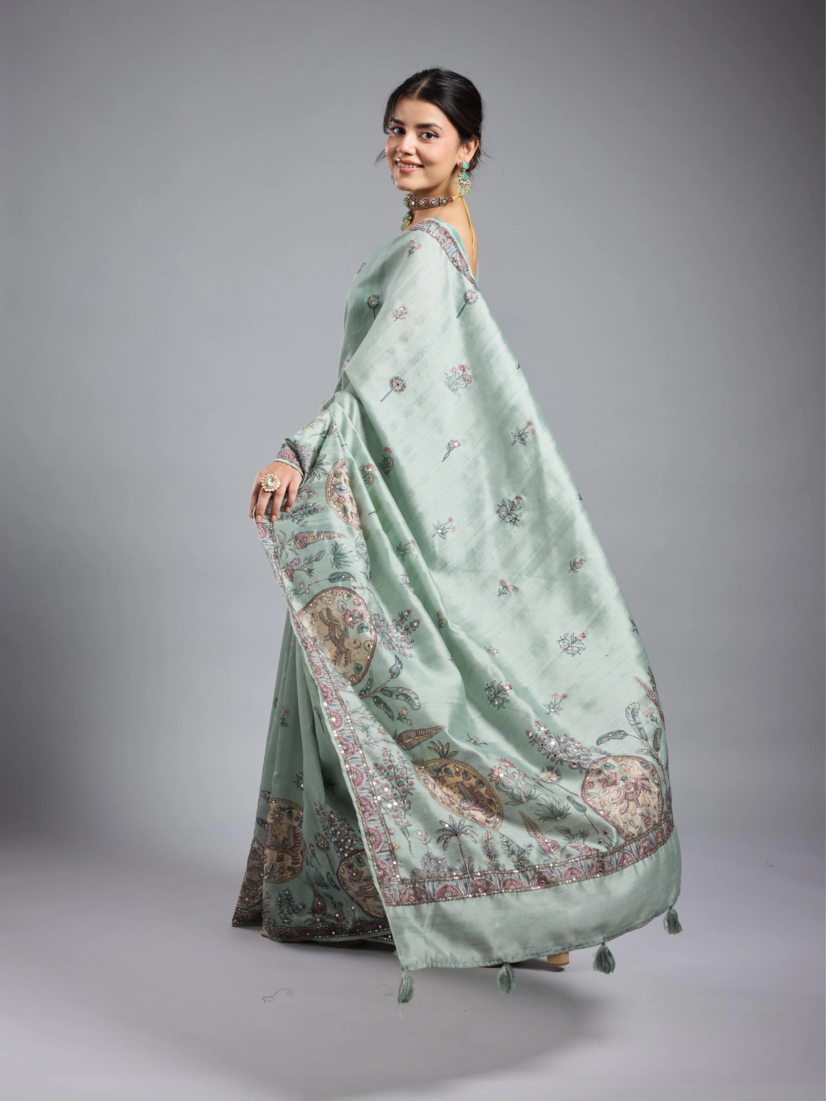 Light Teal Kalamkari Bhagalpuri Tussar Silk Saree - Image 4