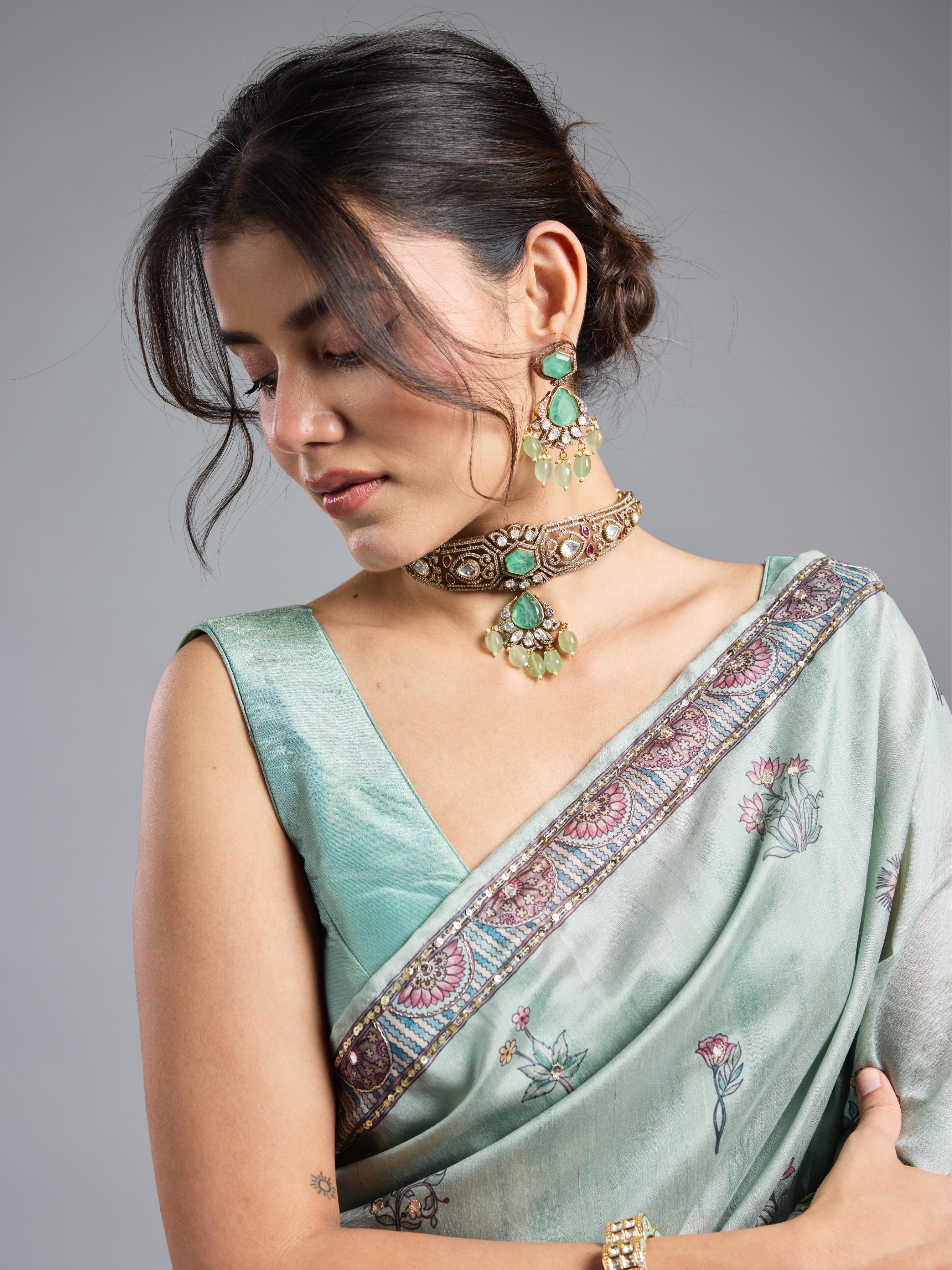 Light Teal Kalamkari Bhagalpuri Tussar Silk Saree - Image 5