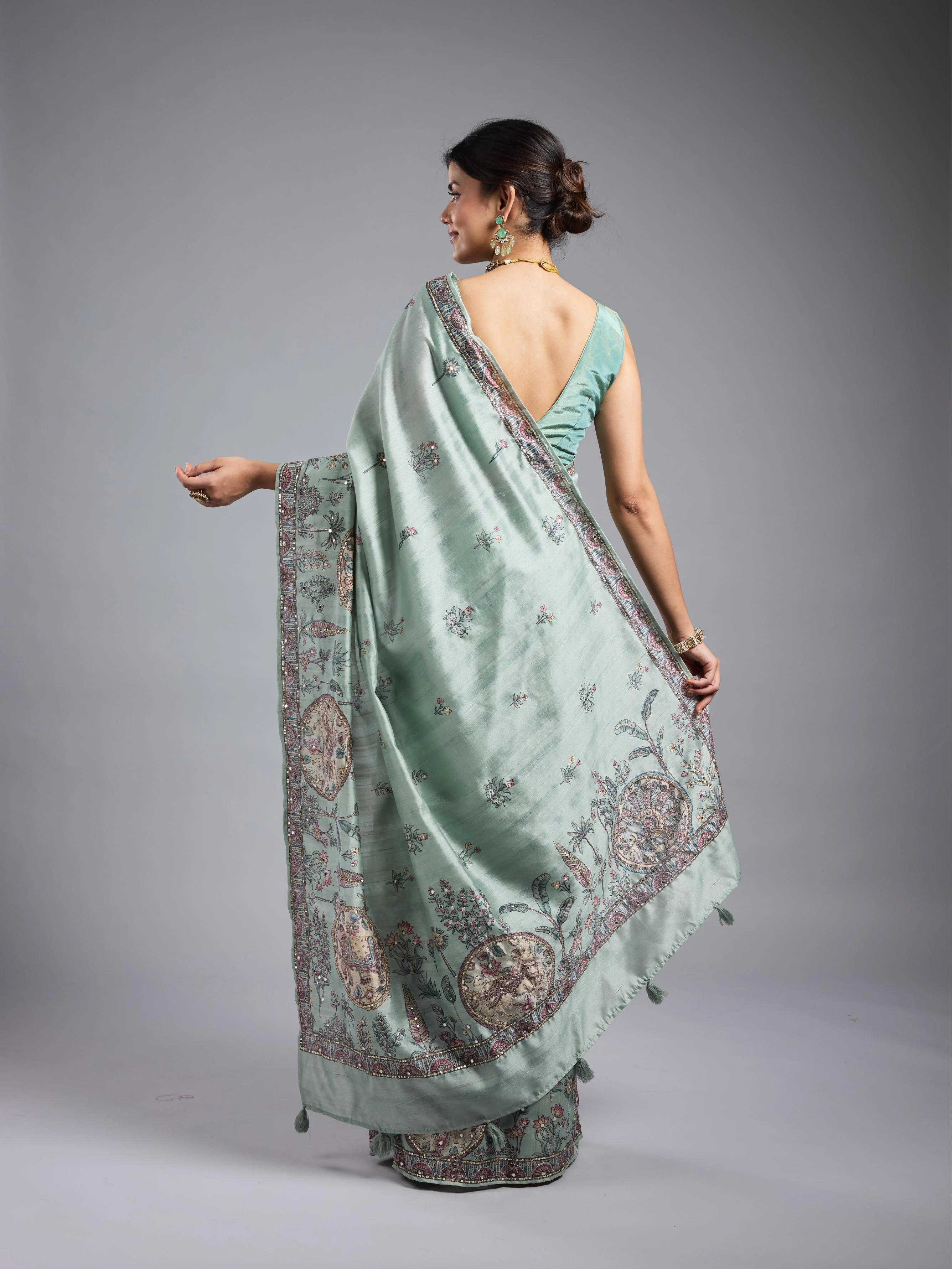 Light Teal Kalamkari Bhagalpuri Tussar Silk Saree - Image 6