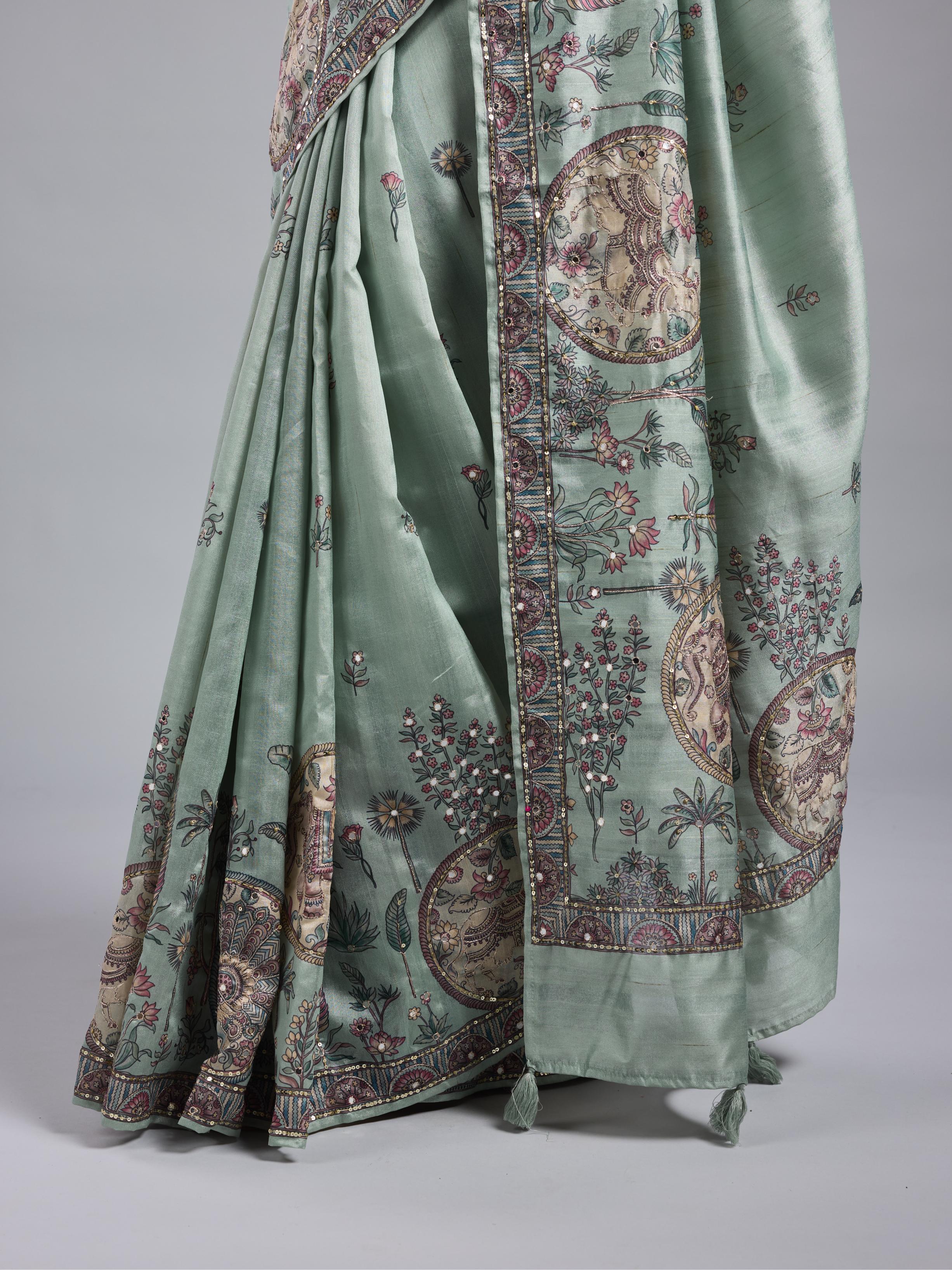 Light Teal Kalamkari Bhagalpuri Tussar Silk Saree - Image 7
